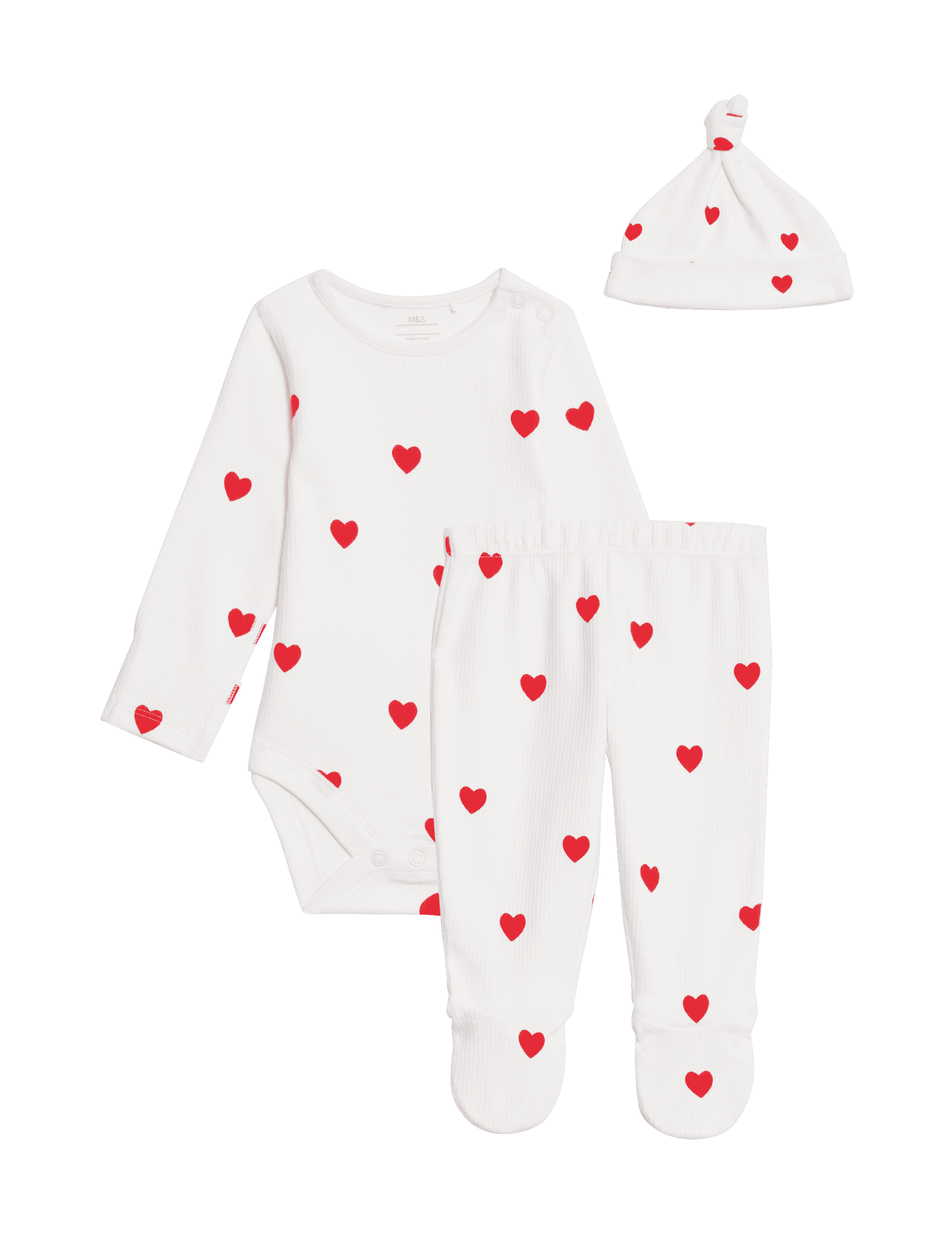 M&S Collection 3pc Pure Cotton Heart Outfit (7lbs-12 Mths) - 3-6 M - Red Mix, Red Mix