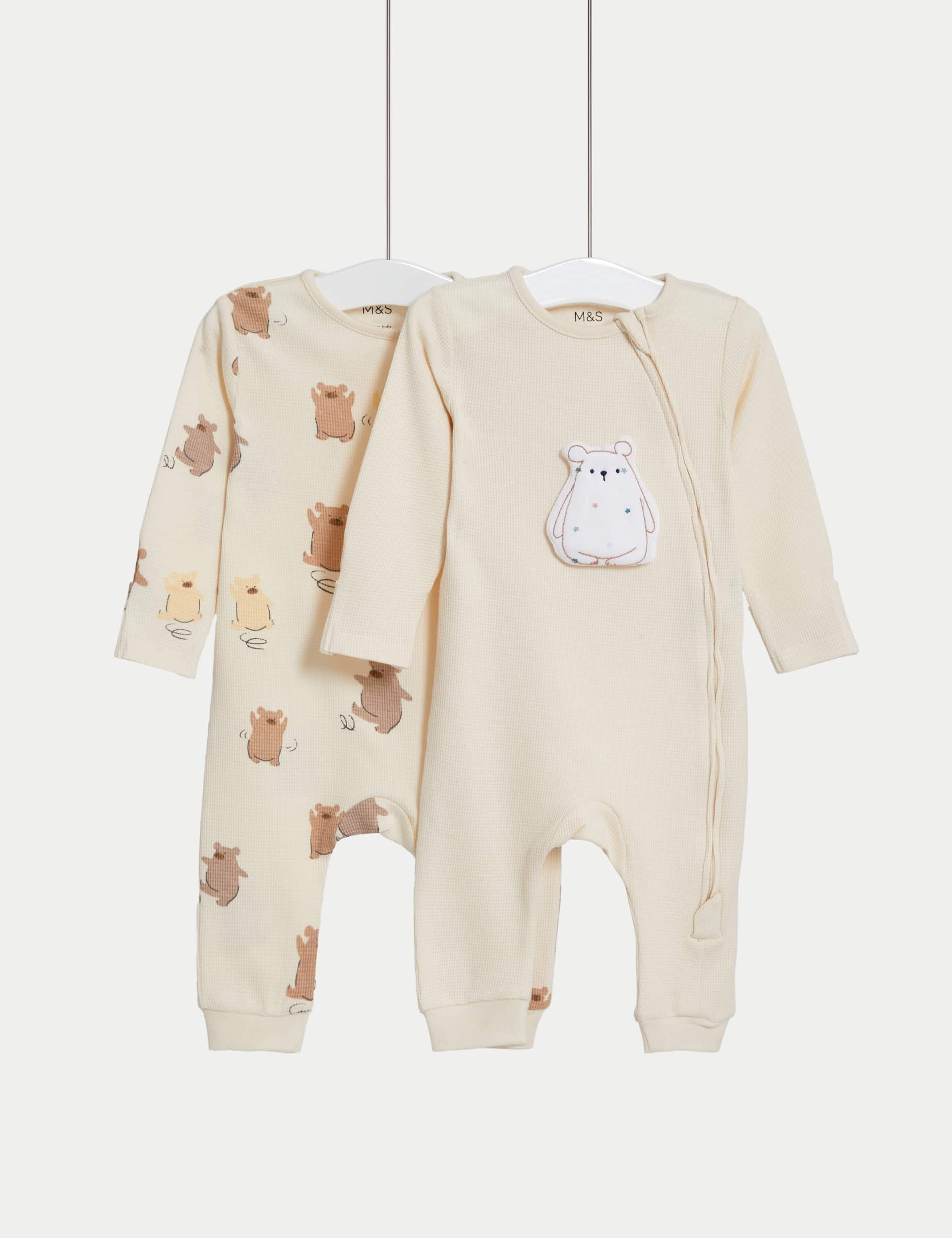 M&S 2pk Pure Cotton Bear Sleepsuits (6lbs-3 Yrs) - 6-9 M - Cream Mix, Cream Mix