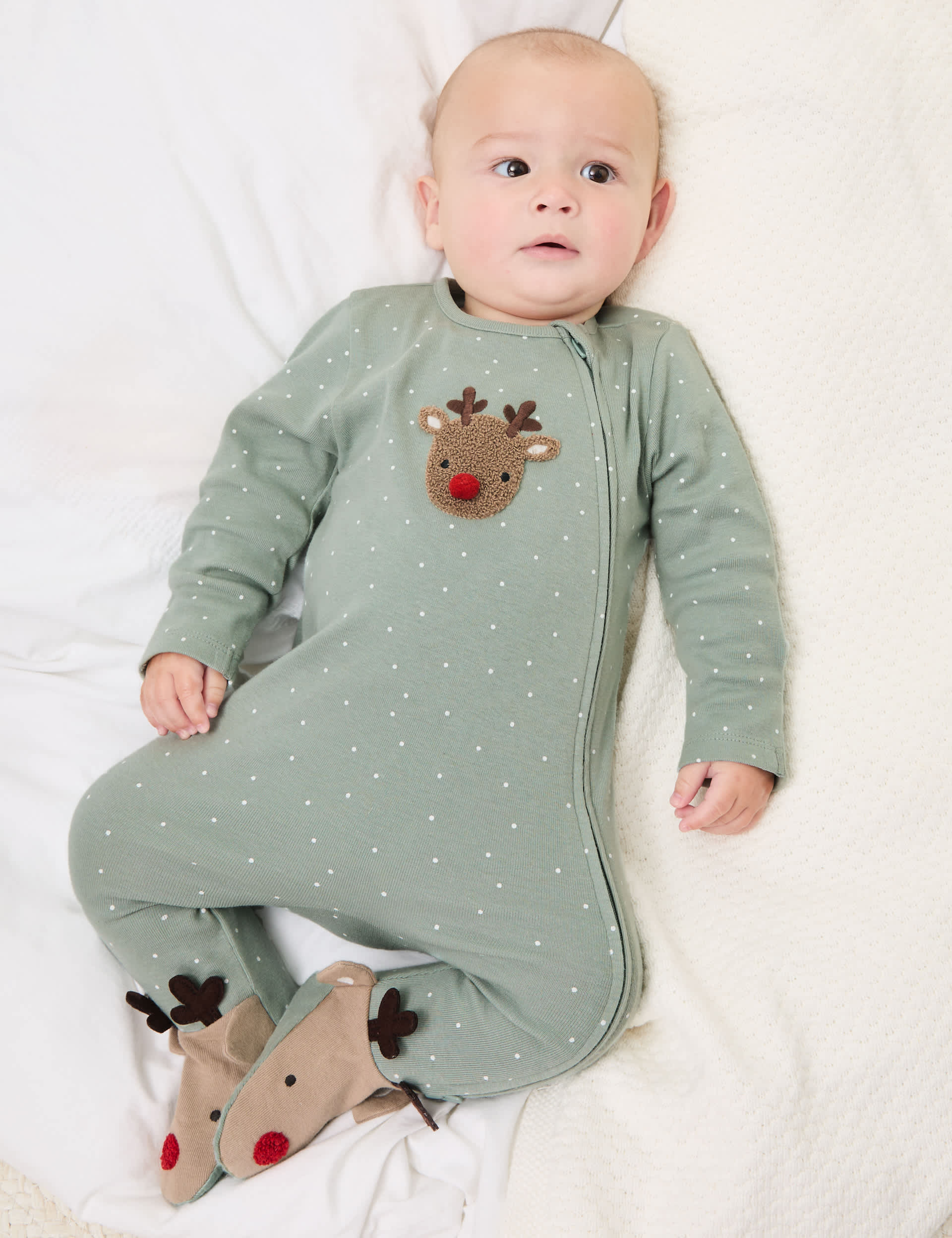 M&S Pure Cotton Reindeer Sleepsuit (7lbs-12 Mths) - 0-3 M - Green Mix, Green Mix