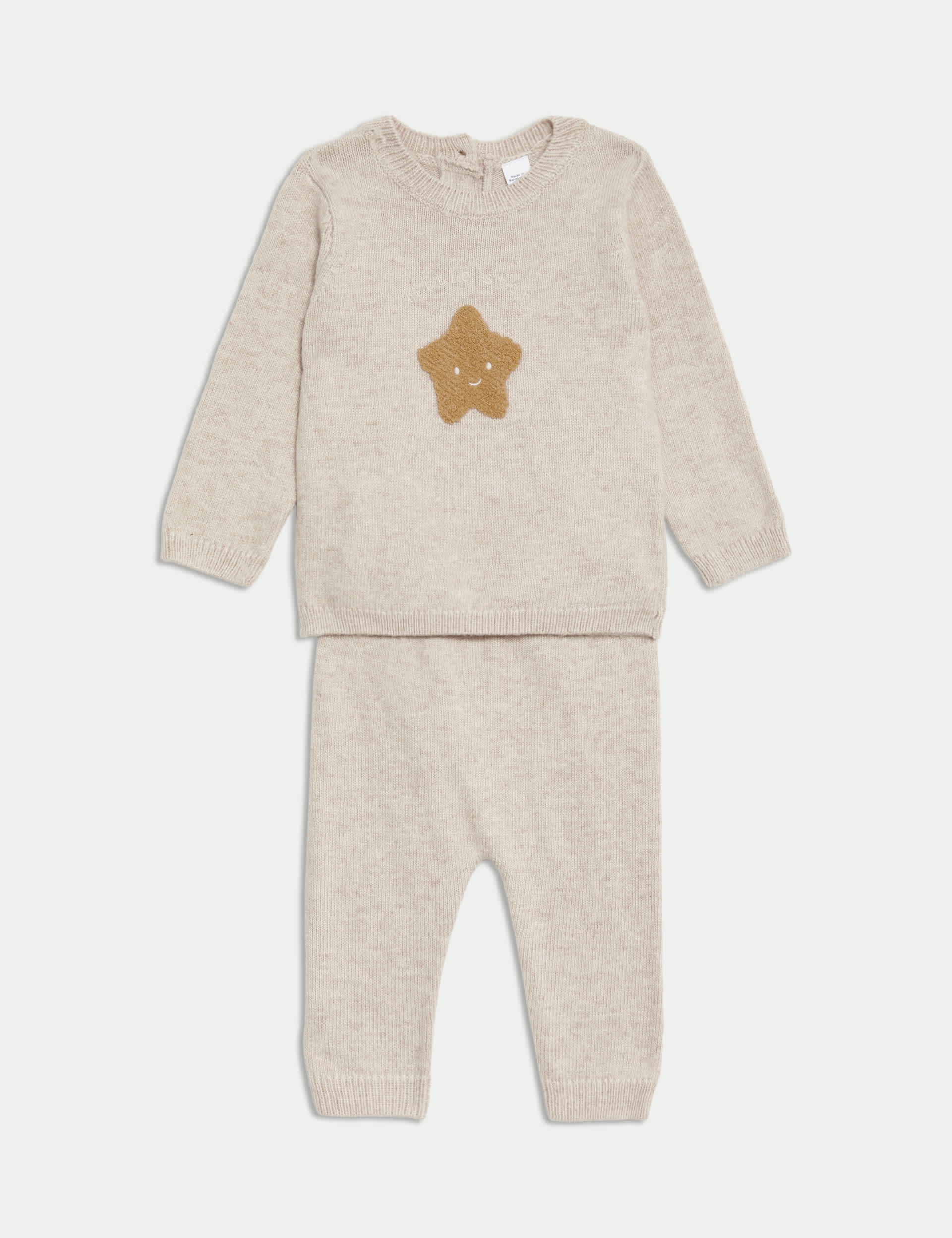 M&S 2pc Cotton Rich Knitted Star Outfit (7lbs-1 Yrs) - 0-3 M - Cream Mix, Cream Mix