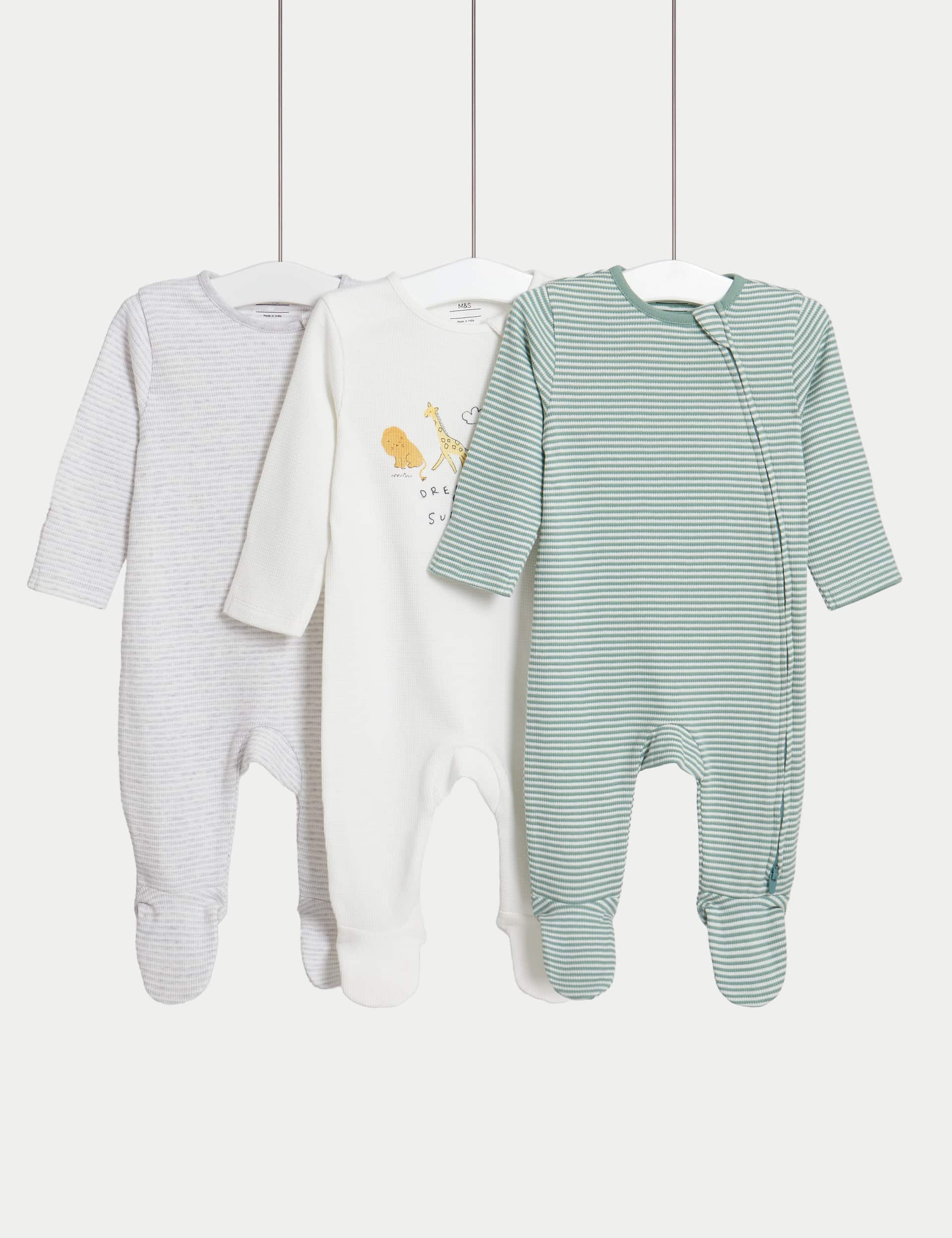 M&S 3pk Pure Cotton Patterned Zip Sleepsuits (6lbs-3 Yrs) - 0-3 M - Green Mix, Green Mix