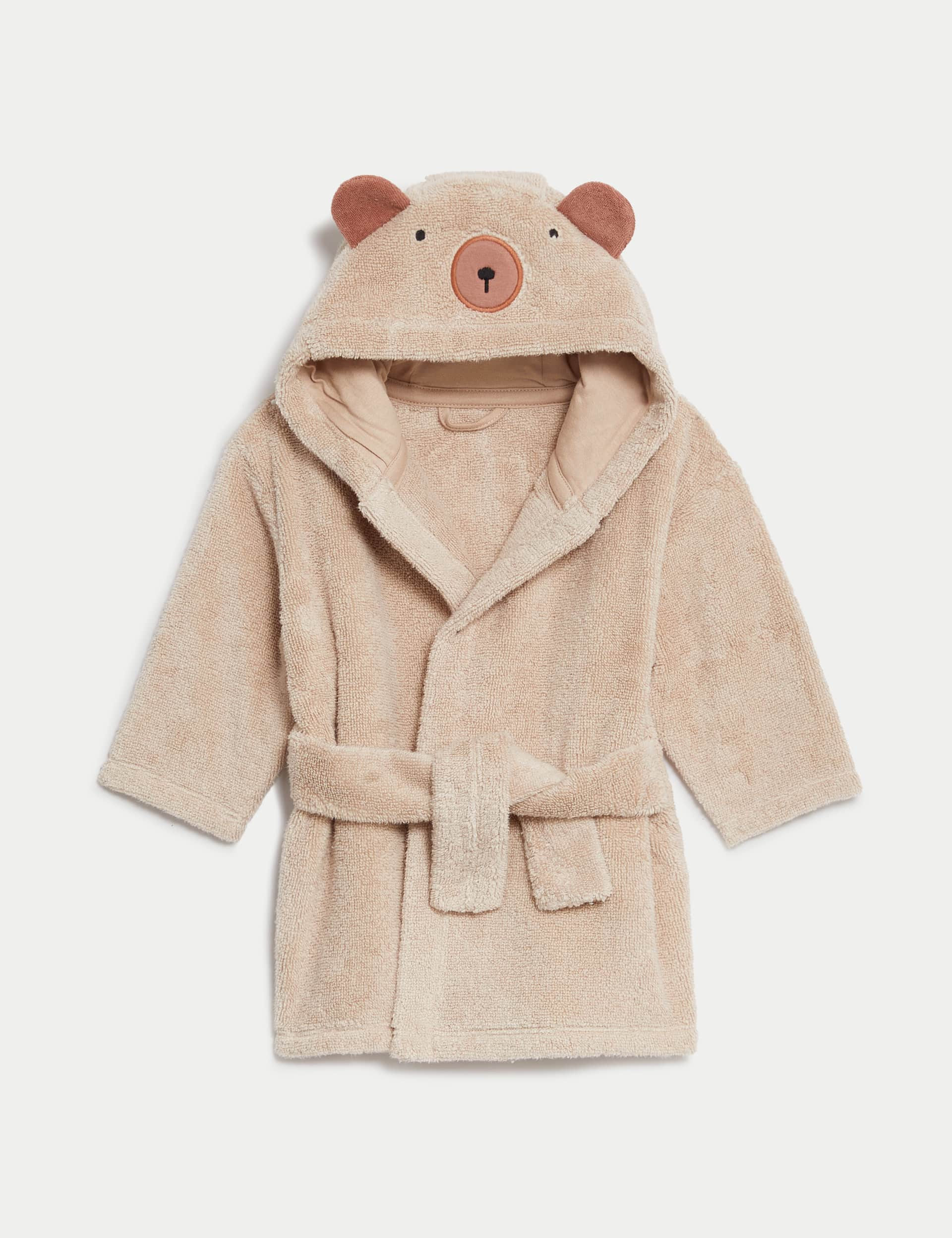 M&S Pure Cotton Bear Bathrobe (7lbs-3 Yrs) - 2-3Y - Oatmeal, Oatmeal