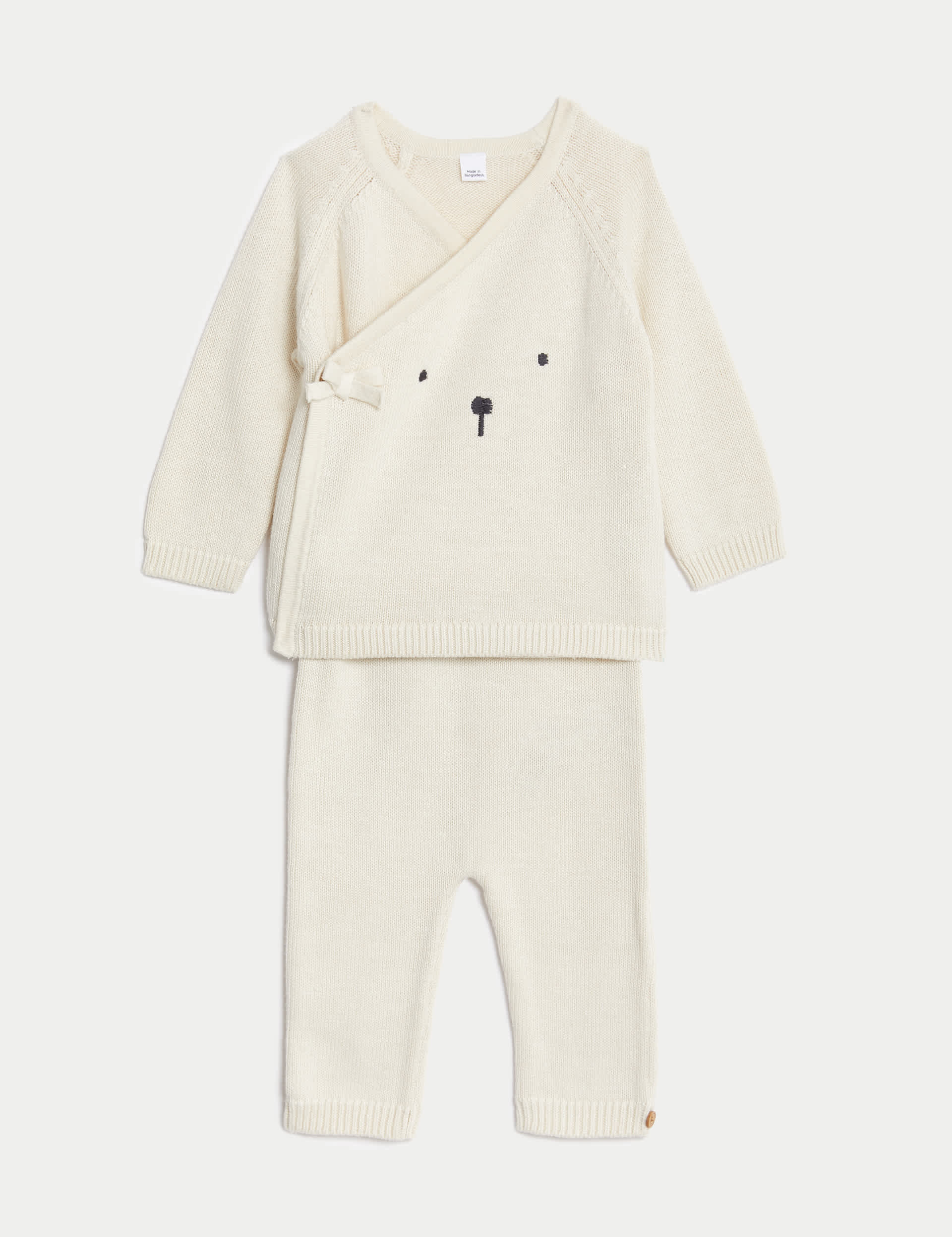 M&S Collection 2pc Pure Cotton Knitted Bear Outfit (7lbs-1 Yrs) - 9-12M - White Mix, White Mix