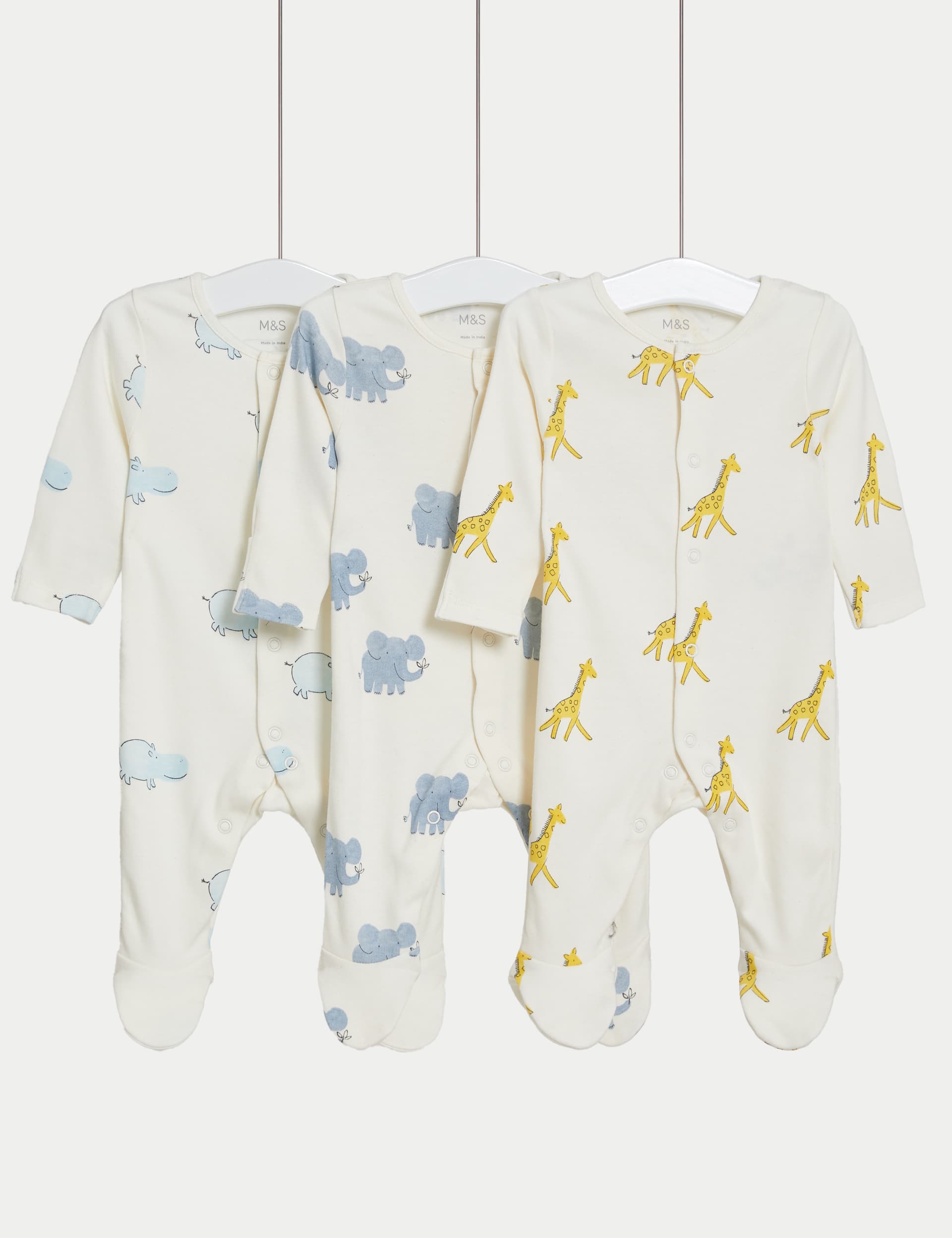 M&S 3pk Pure Cotton Safari Sleepsuits (6lbs-3 Yrs) - 2-3Y - White Mix, White Mix