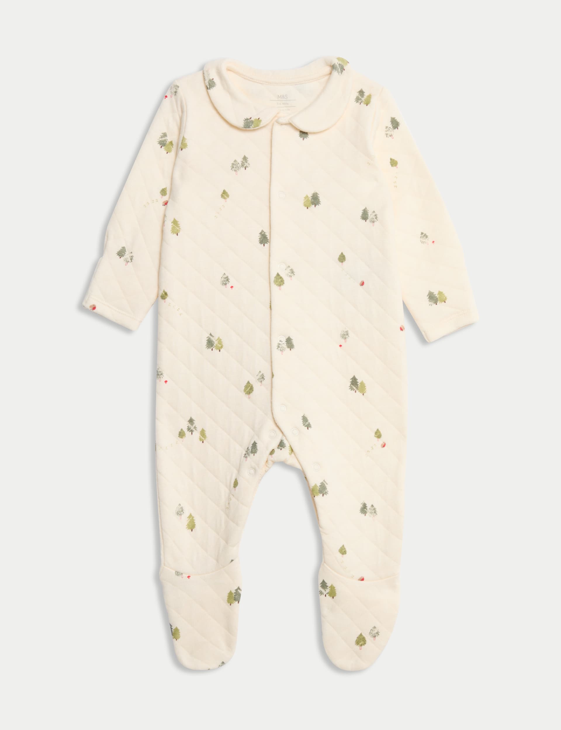 M&S Cotton Rich Quilted Christmas Tree Sleepsuit (0-12 Mths) - 0-3 M - Cream Mix, Cream Mix