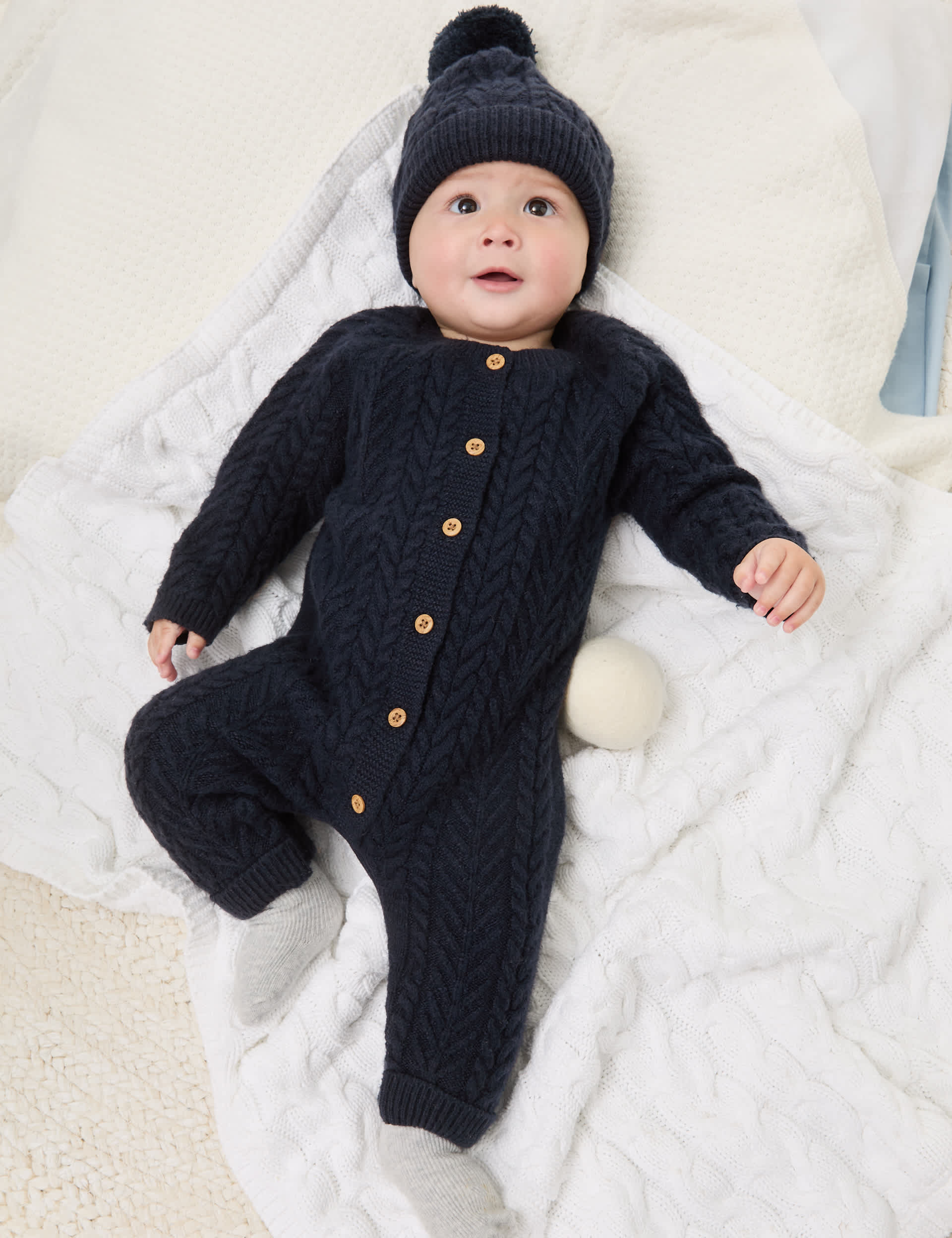 M&S 2pc Knitted All In One and Hat Set (0-12 Mths) - 0-3 M - Navy, Green Mix,Navy,Terracotta,Cream M