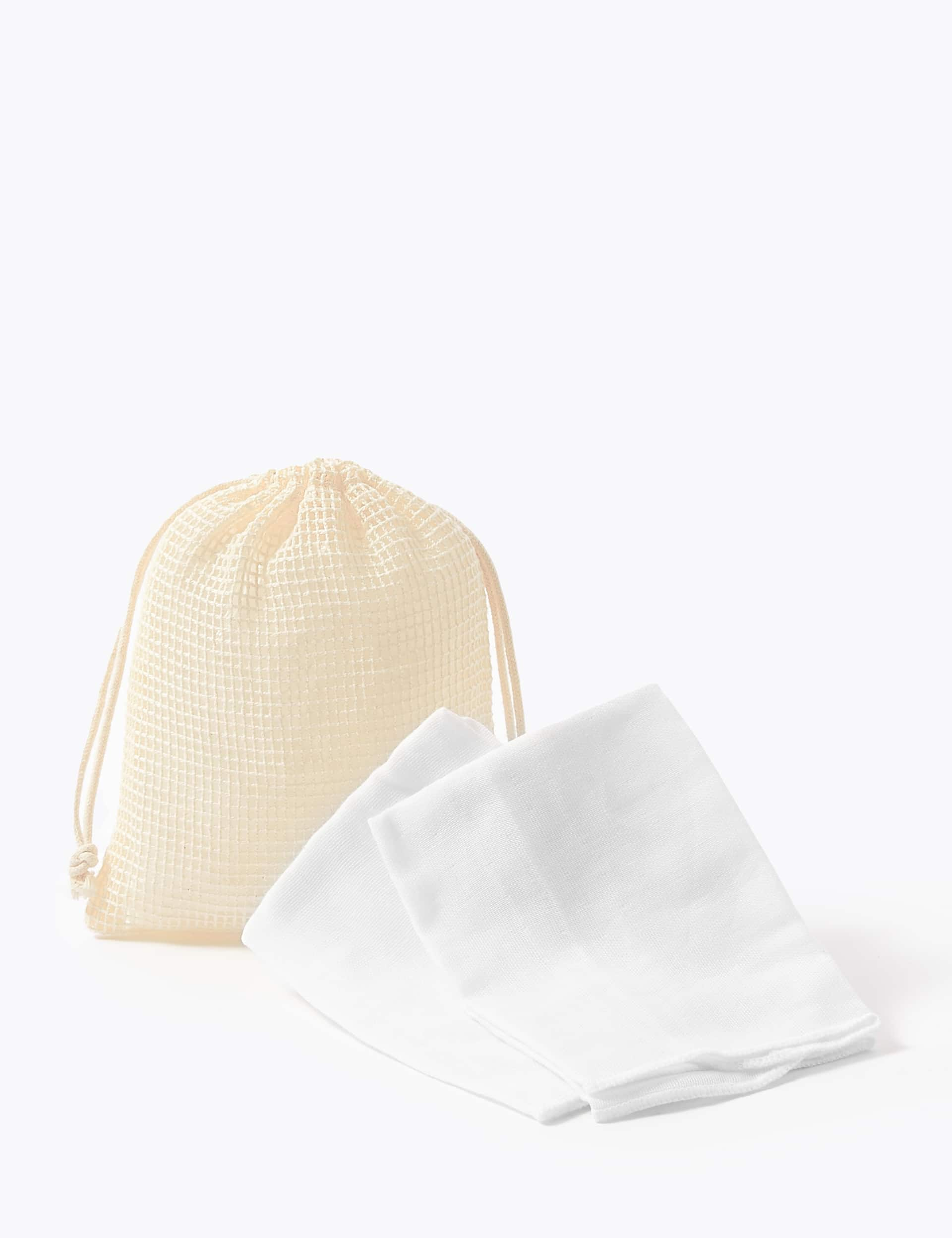 M&S Women's 2 Pack Muslin Cloths & Reusable Bag - White, White