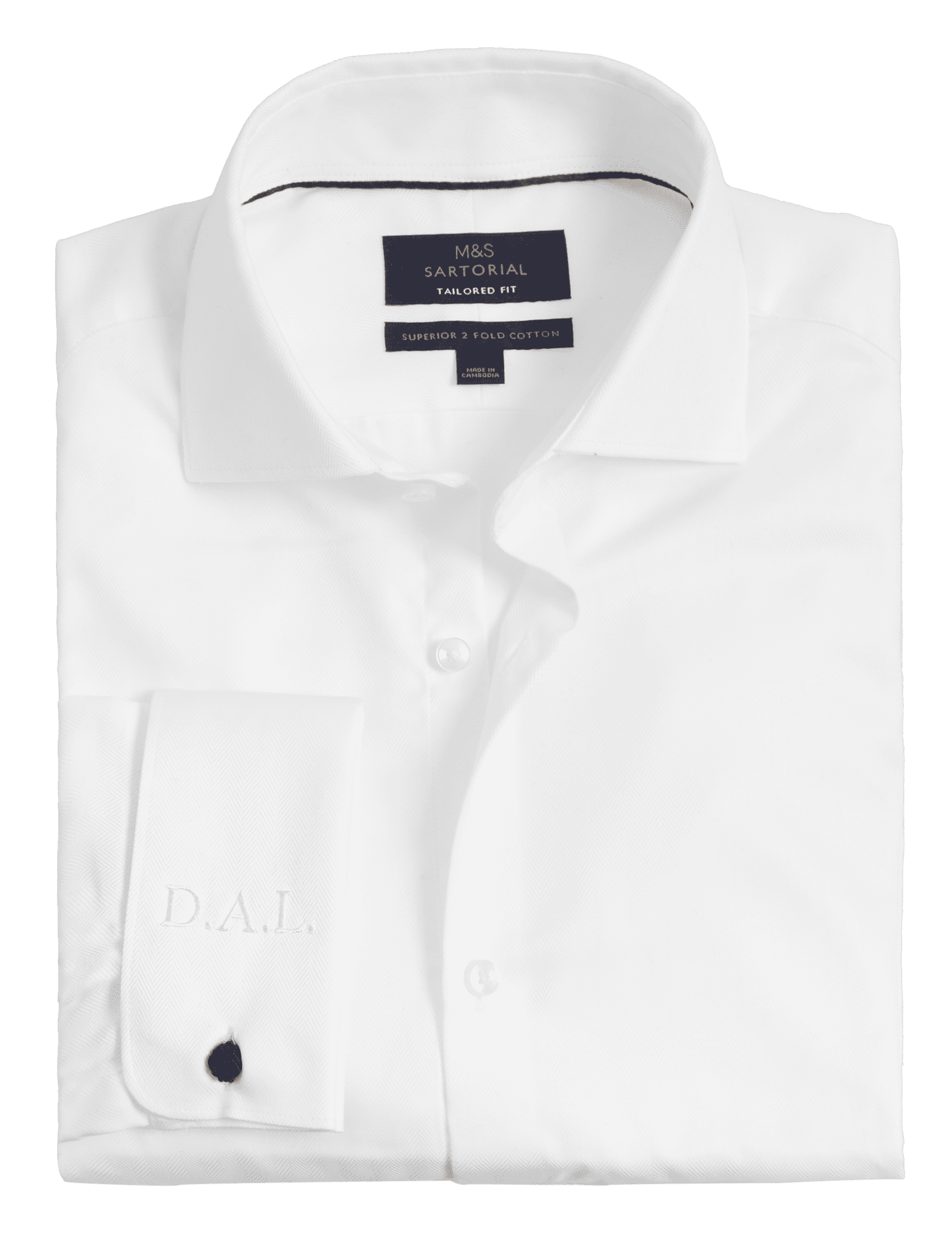 M&S Sartorial Tailored Fit Personalised Men's Double Cuff Herringbone Shirt - 14.5 - White, White