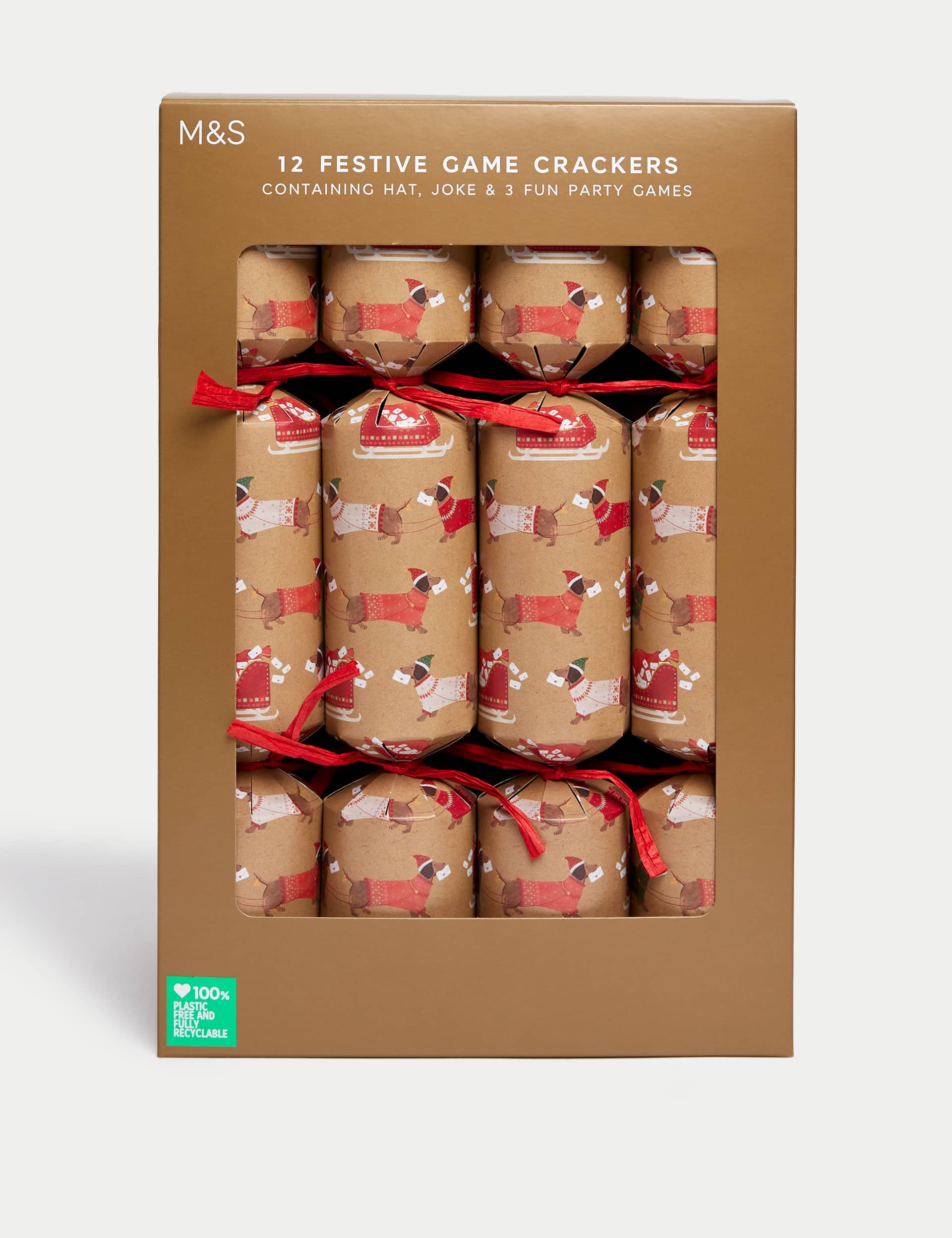 M&S 12 Festive Game Christmas Crackers - Sausage Dogs Design