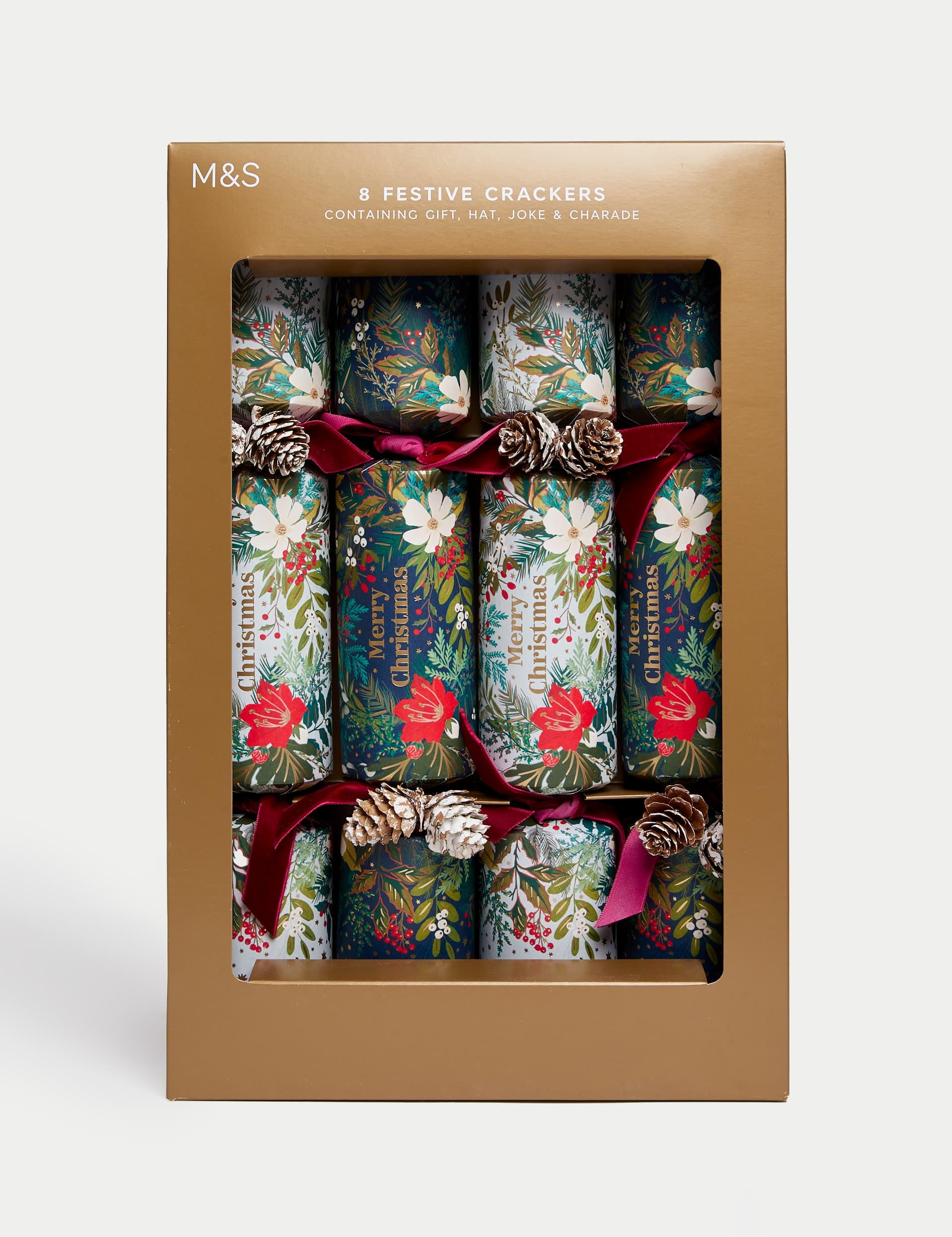 M&S 8 Luxury Christmas Crackers - Traditional Foliage Designs