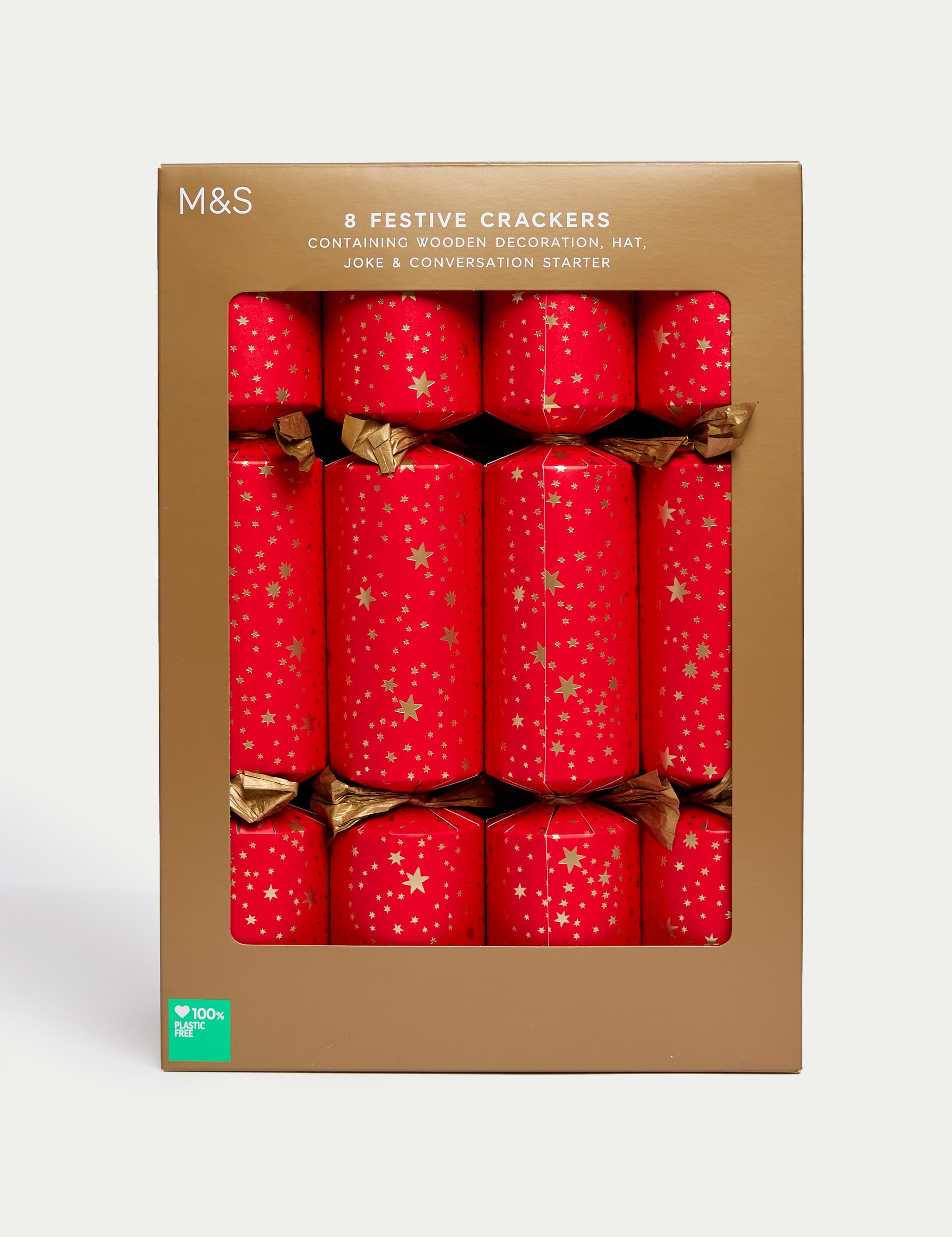 M&S 8 Christmas Crackers - Red & Gold Stars Design