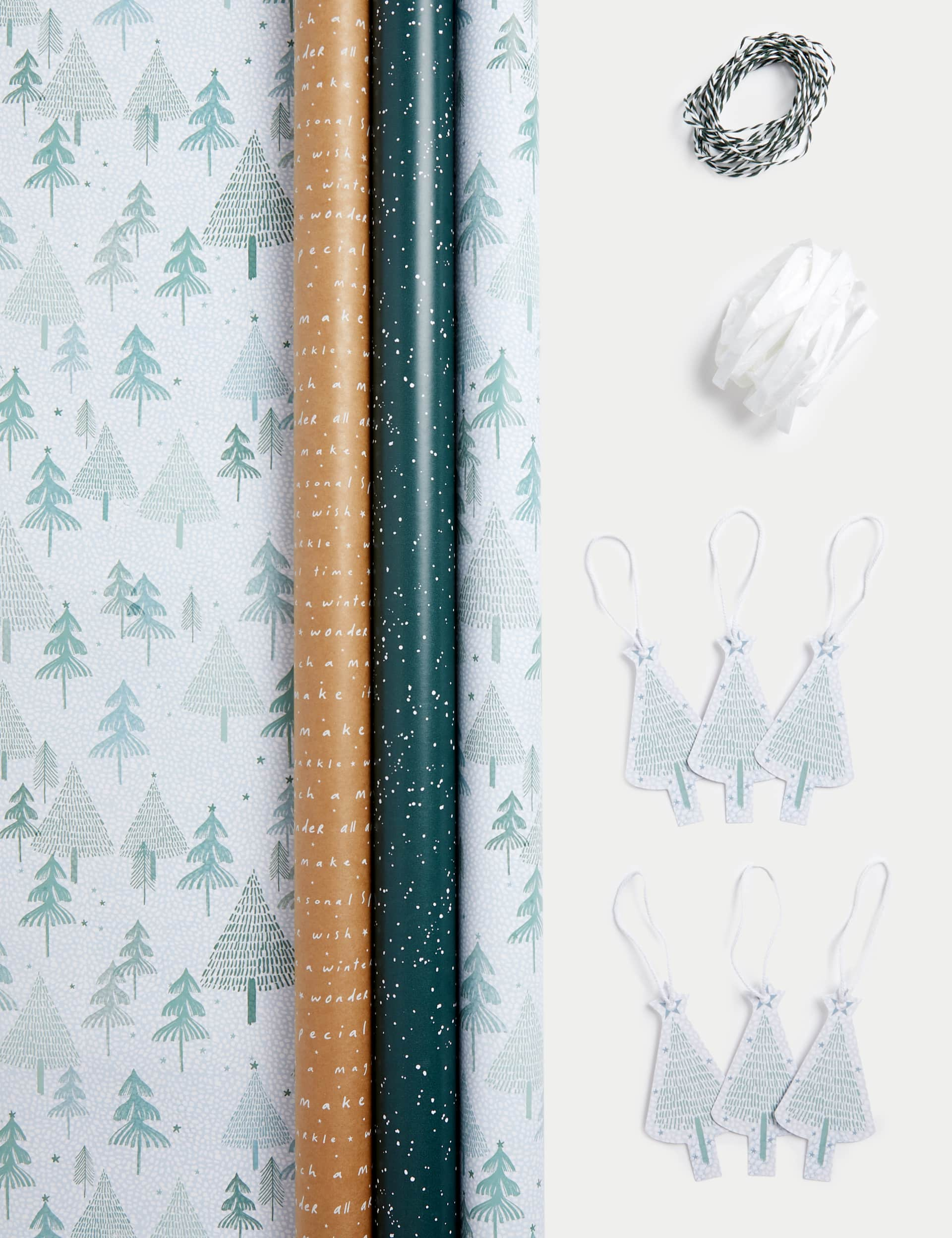 M&S 6M Gift Wrap, Ribbon & Paper Raffia - Kraft & Trees Design