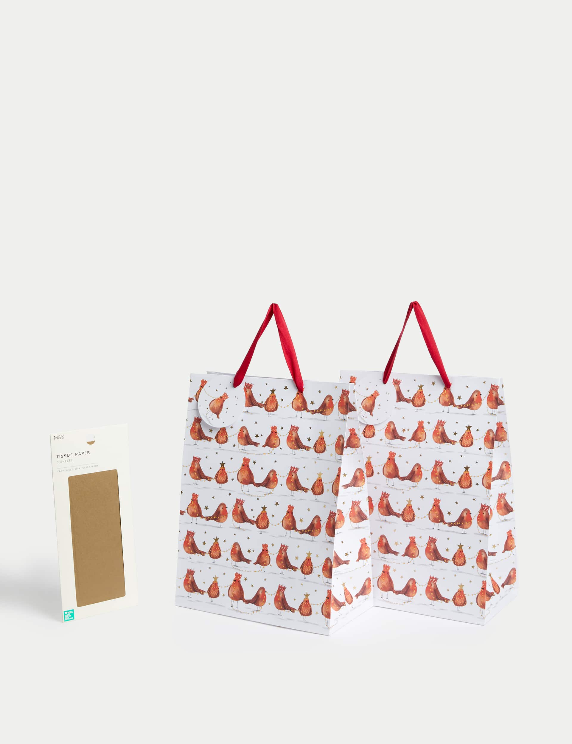 M&S Large Christmas Gift Bags & Tissue Paper Pack - Robin Design