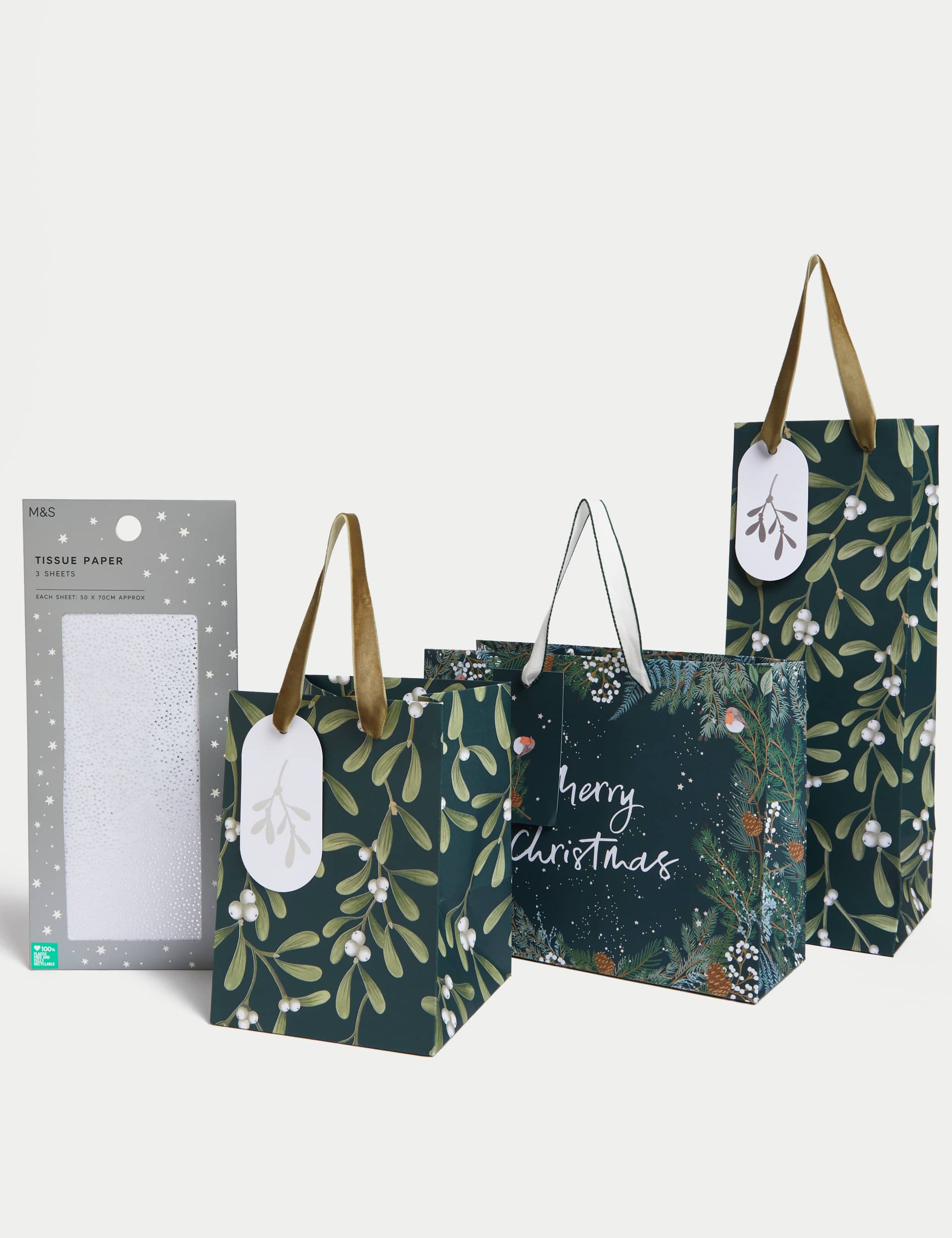 M&S Christmas Gift Bags & Tissue Paper - Mistletoe Designs