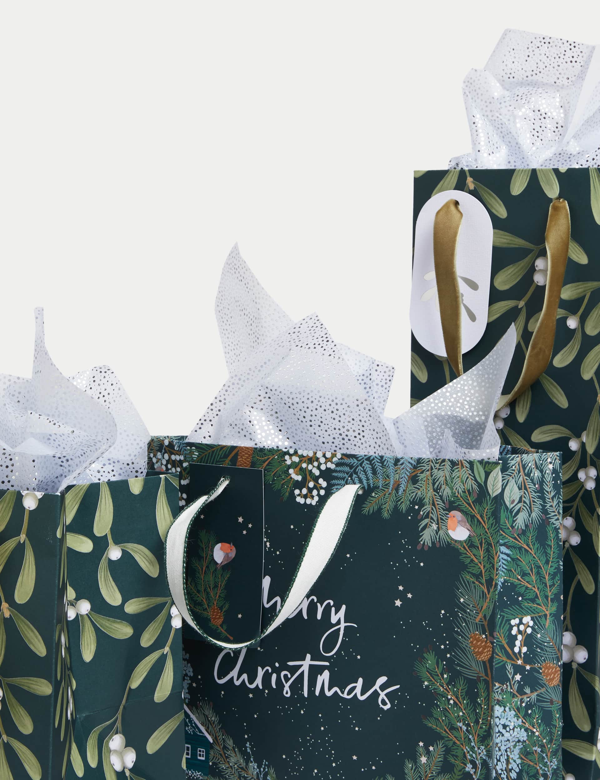 M&S Christmas Gift Bags & Tissue Paper - Mistletoe Designs