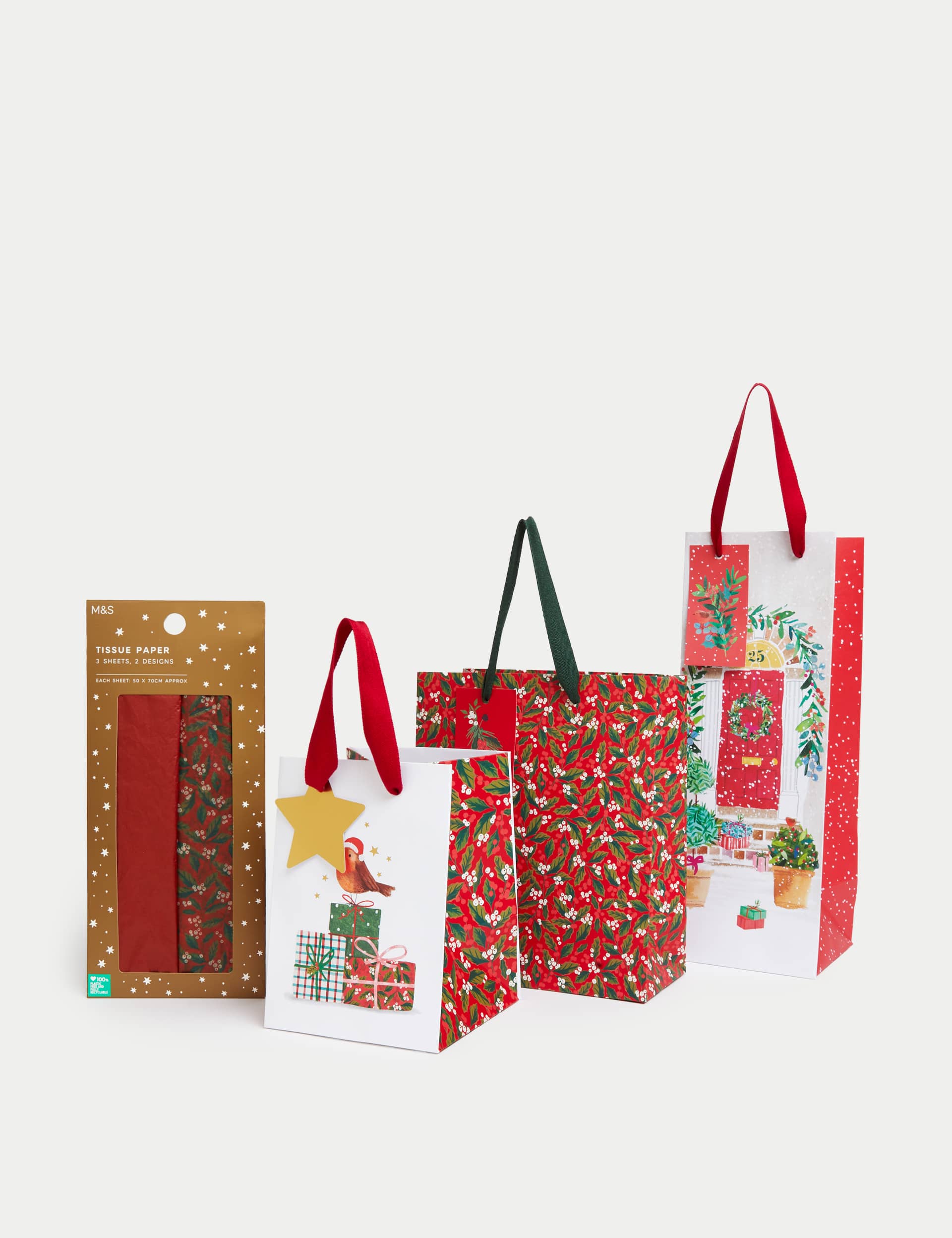 M&S Christmas Gift Bags & Tissue Paper - Festive Red Designs