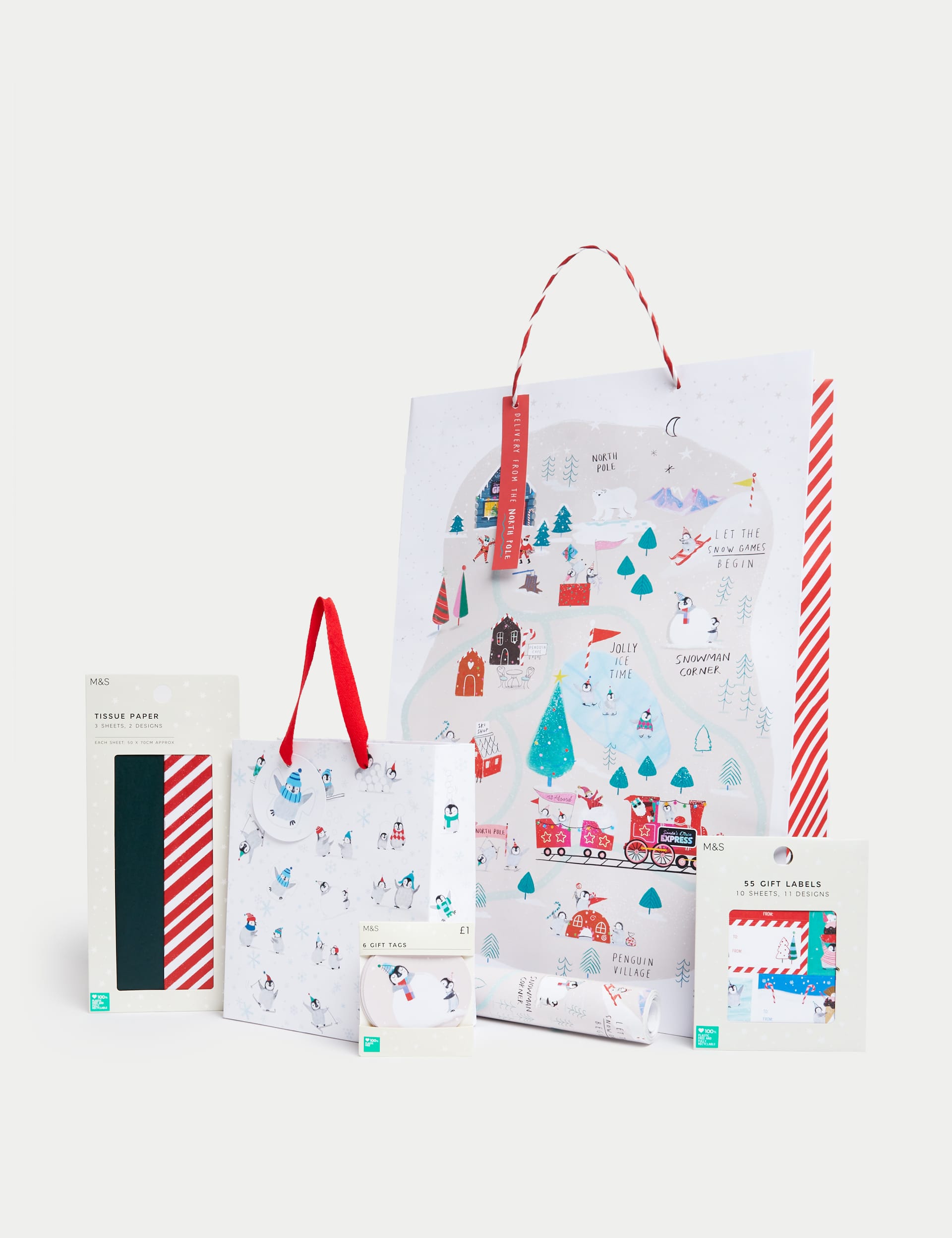 M&S Cute 10m Christmas Gift Wrap with Gift Tags, Bags & Tissue