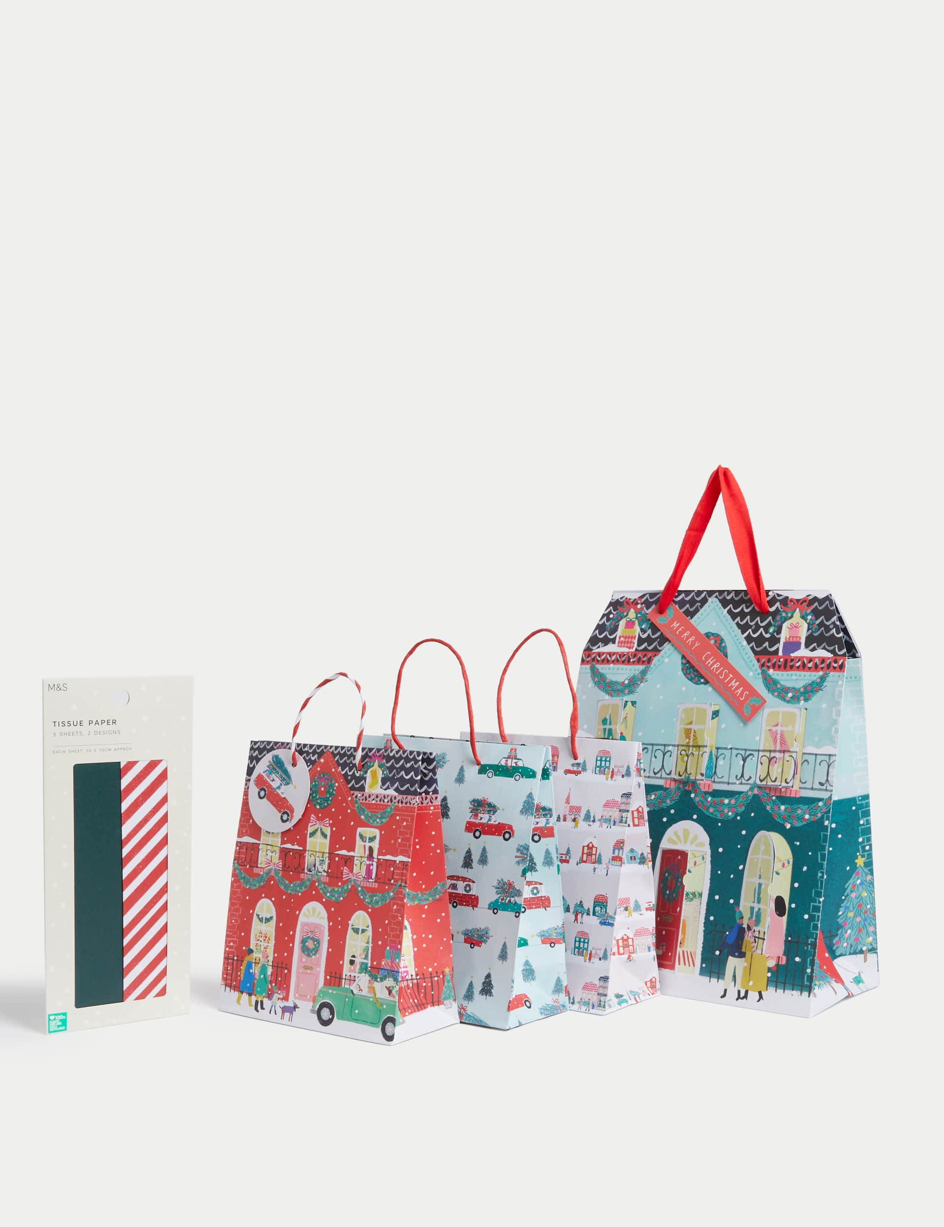 M&S Christmas Gift Bags & Tissue Paper Pack - Houses Design