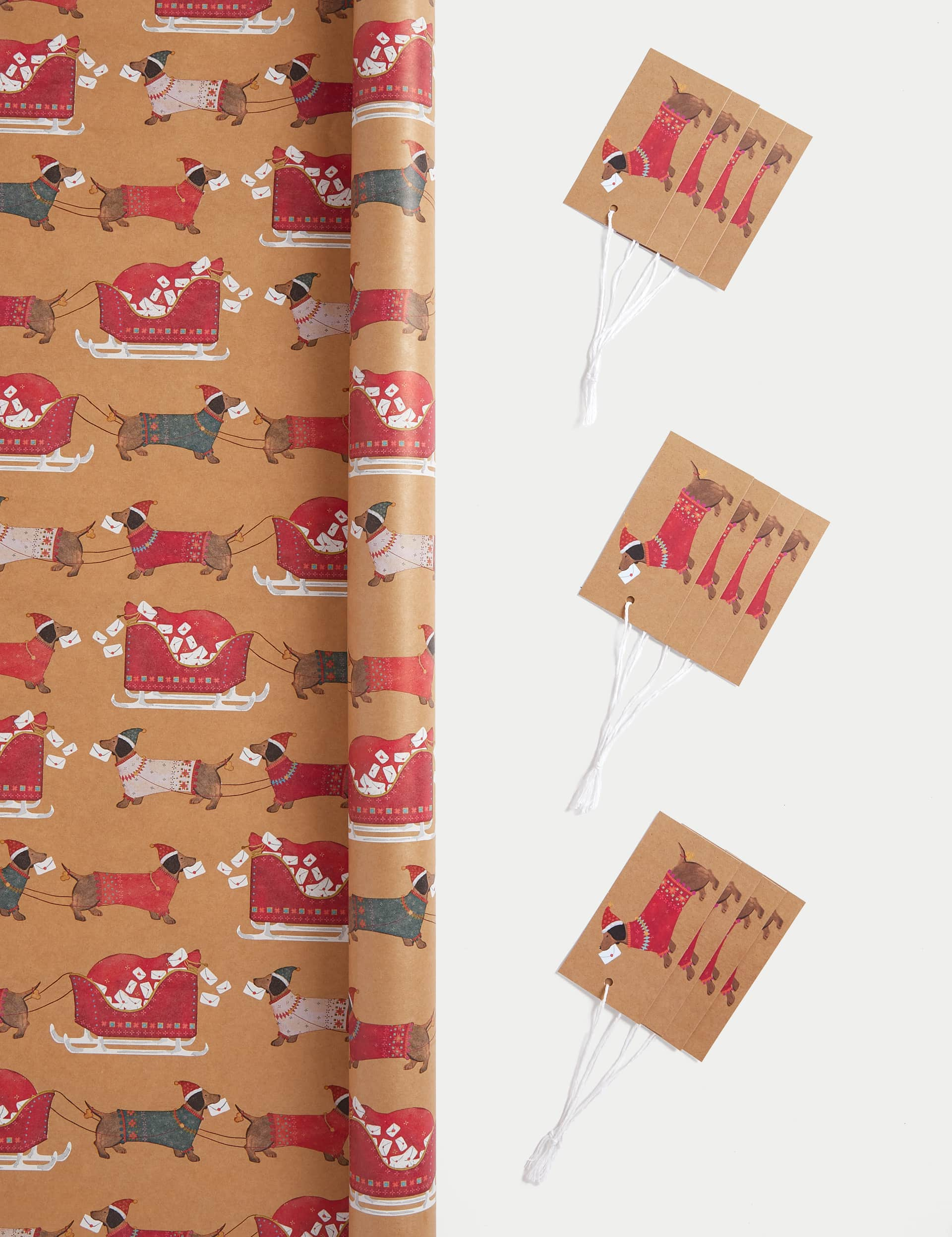 M&S Sausage Dog 10m Christmas Gift Wrap with Gift Tags