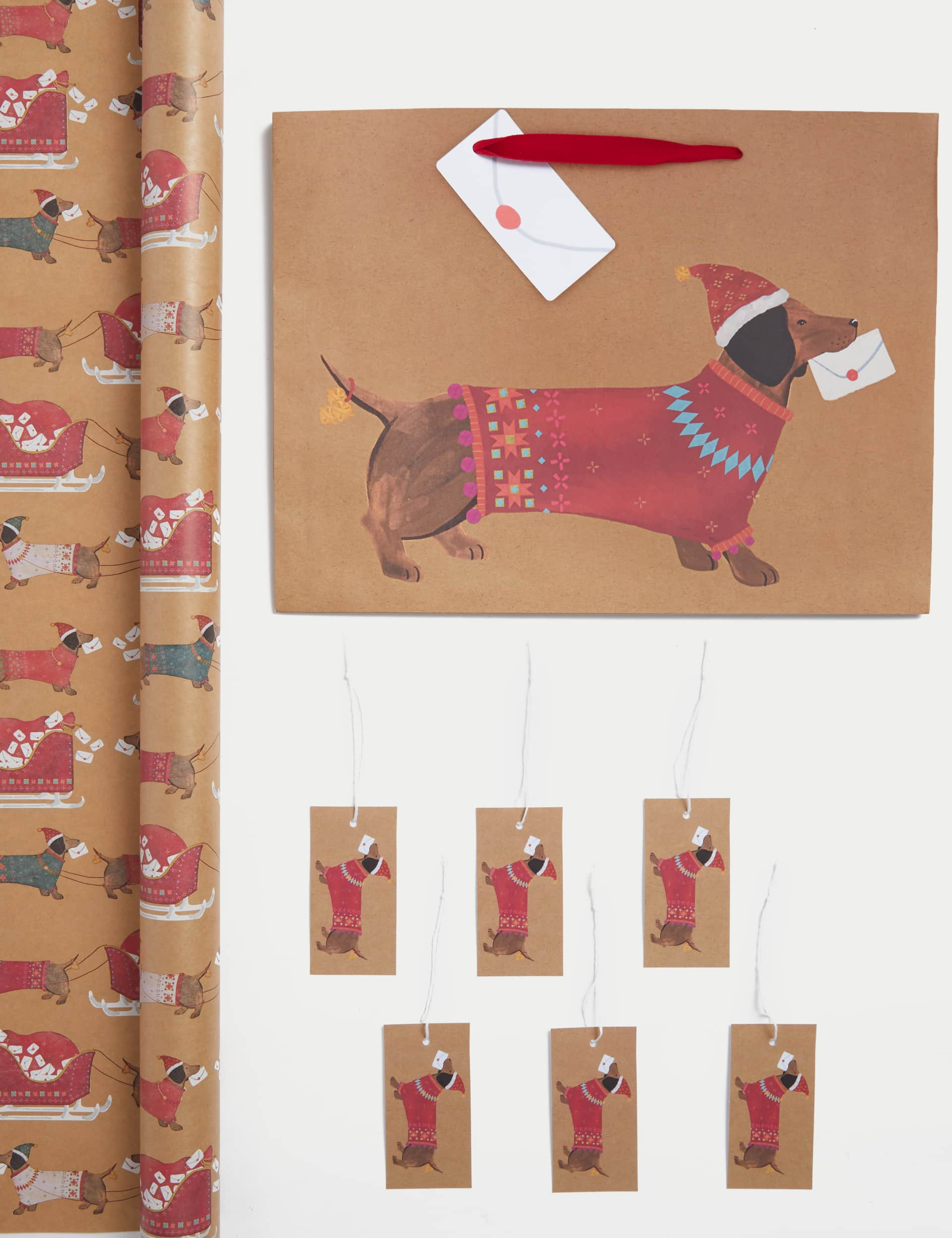 M&S Sausage Dog 10m Christmas Gift Wrap with Gift Tags & Bag