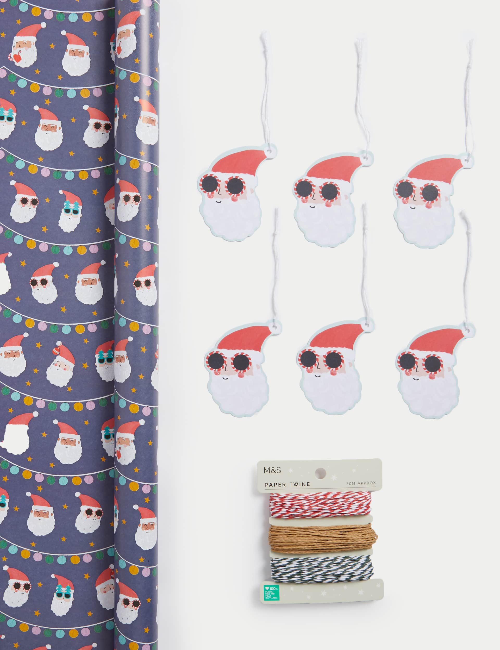 M&S Disco Santa 3M Christmas Gift Wrap with Gift Tags & Twine