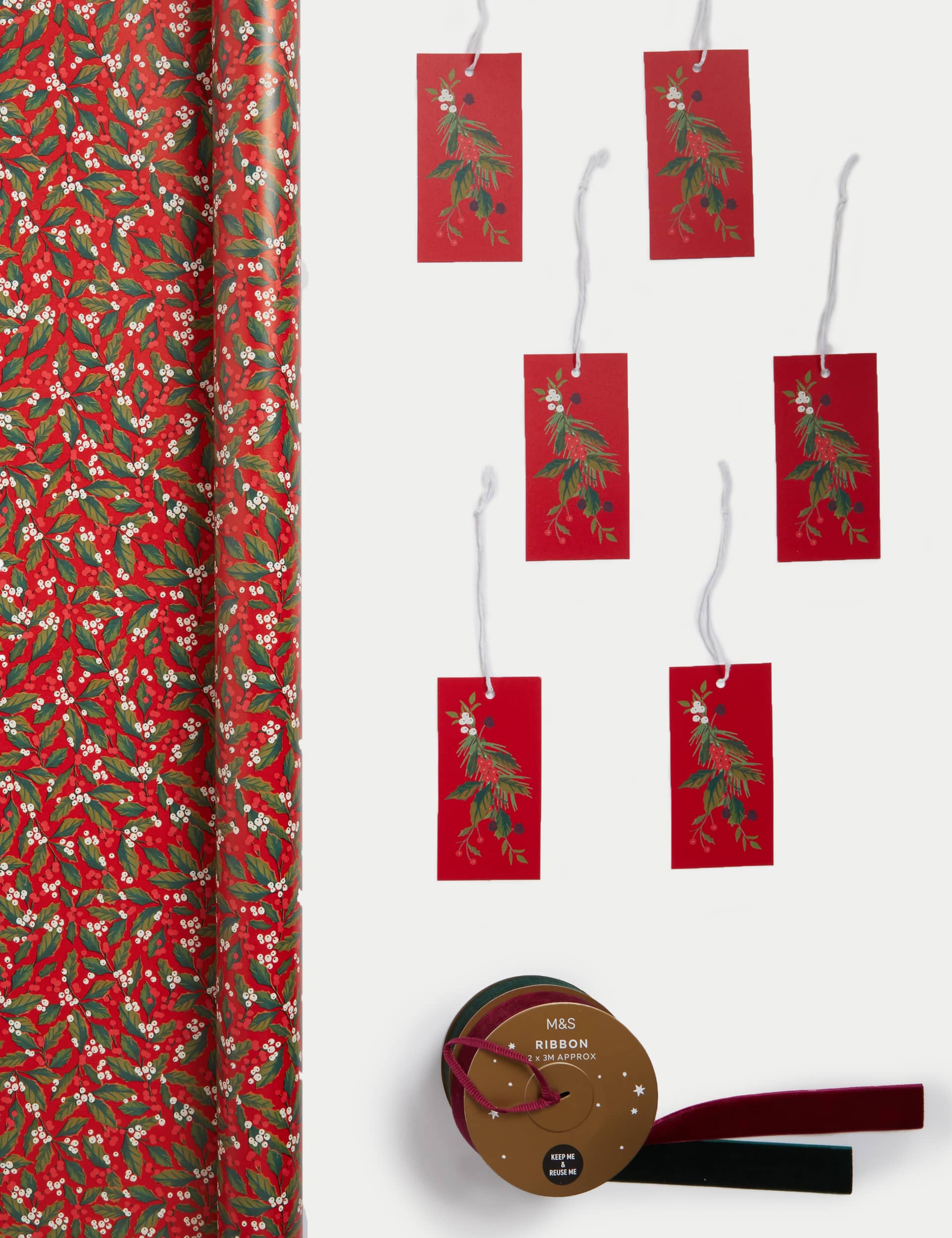 M&S Red 3M Christmas Gift Wrap with Gift Tags & Ribbons