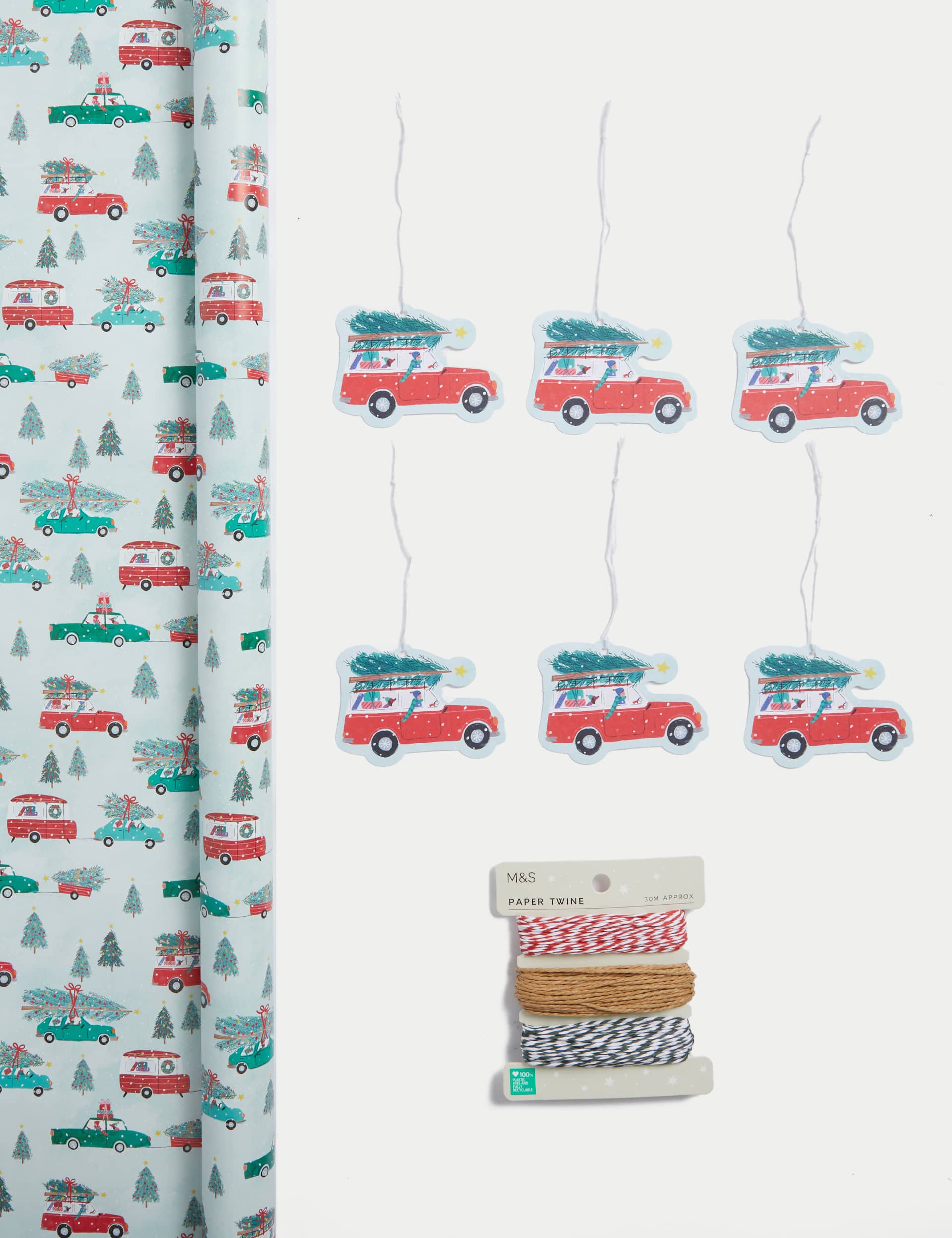 M&S Festive Cars 3m Christmas Gift Wrap with Tags & Twine