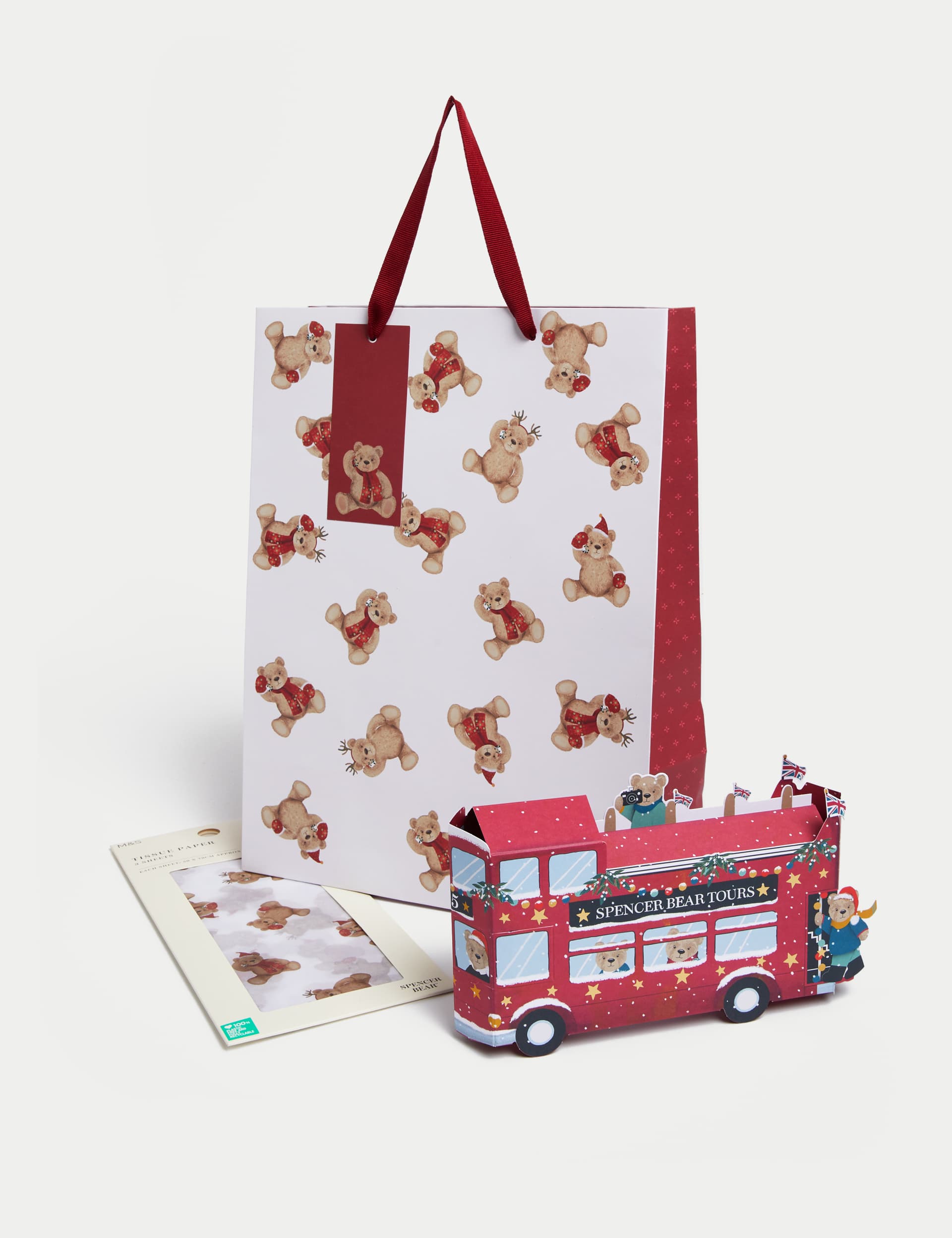 M&S Spencer Bear 3D Christmas Card, Gift Bag & Tissue Paper