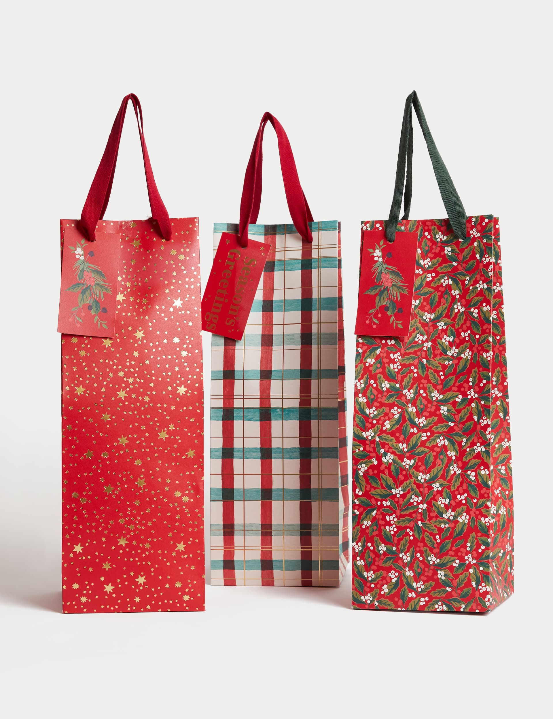 M&S Christmas Bottle Bag Pack - Red & Tartan Designs