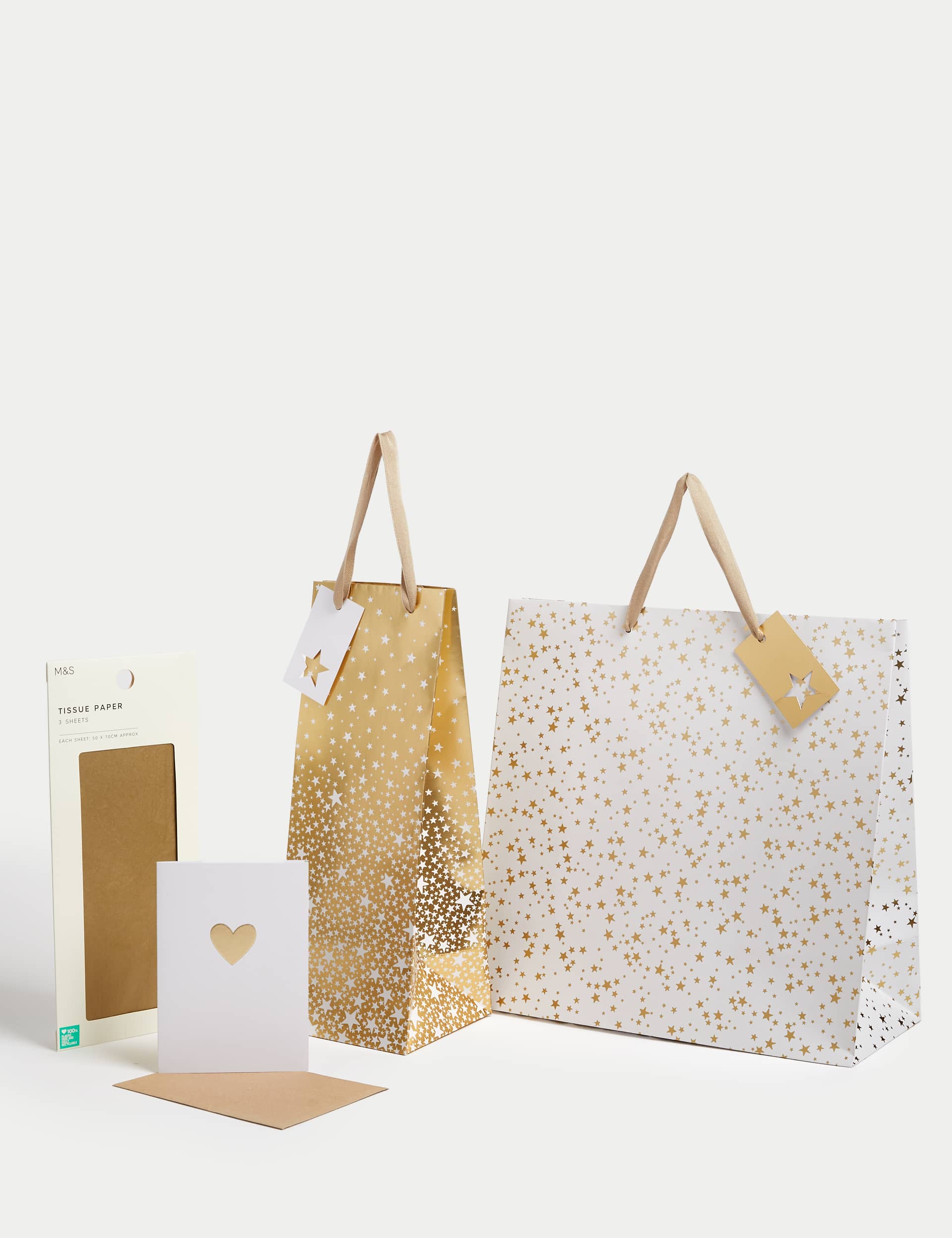 M&S Gold Stars Gift Wrap Set With Blank Greetings Card, Gift Bags & Tissue