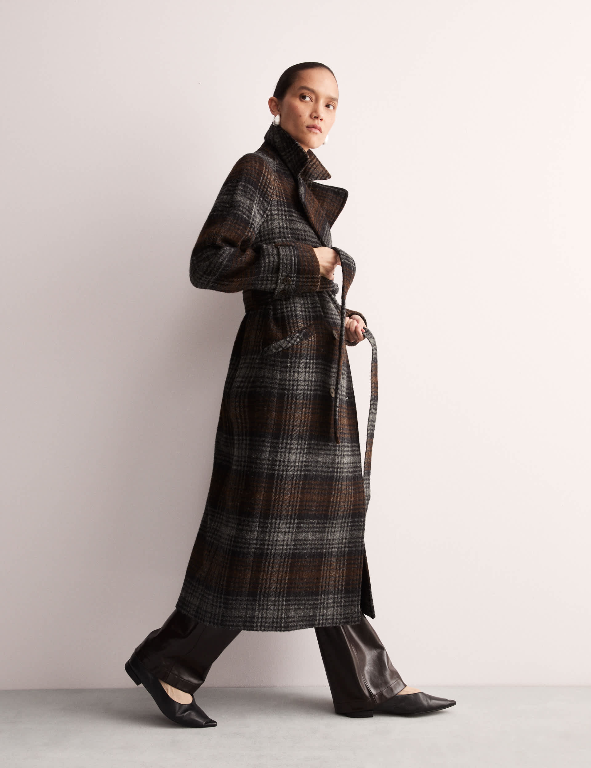 Jaeger Women's Pure Wool Checked Double Breasted Wrap Coat