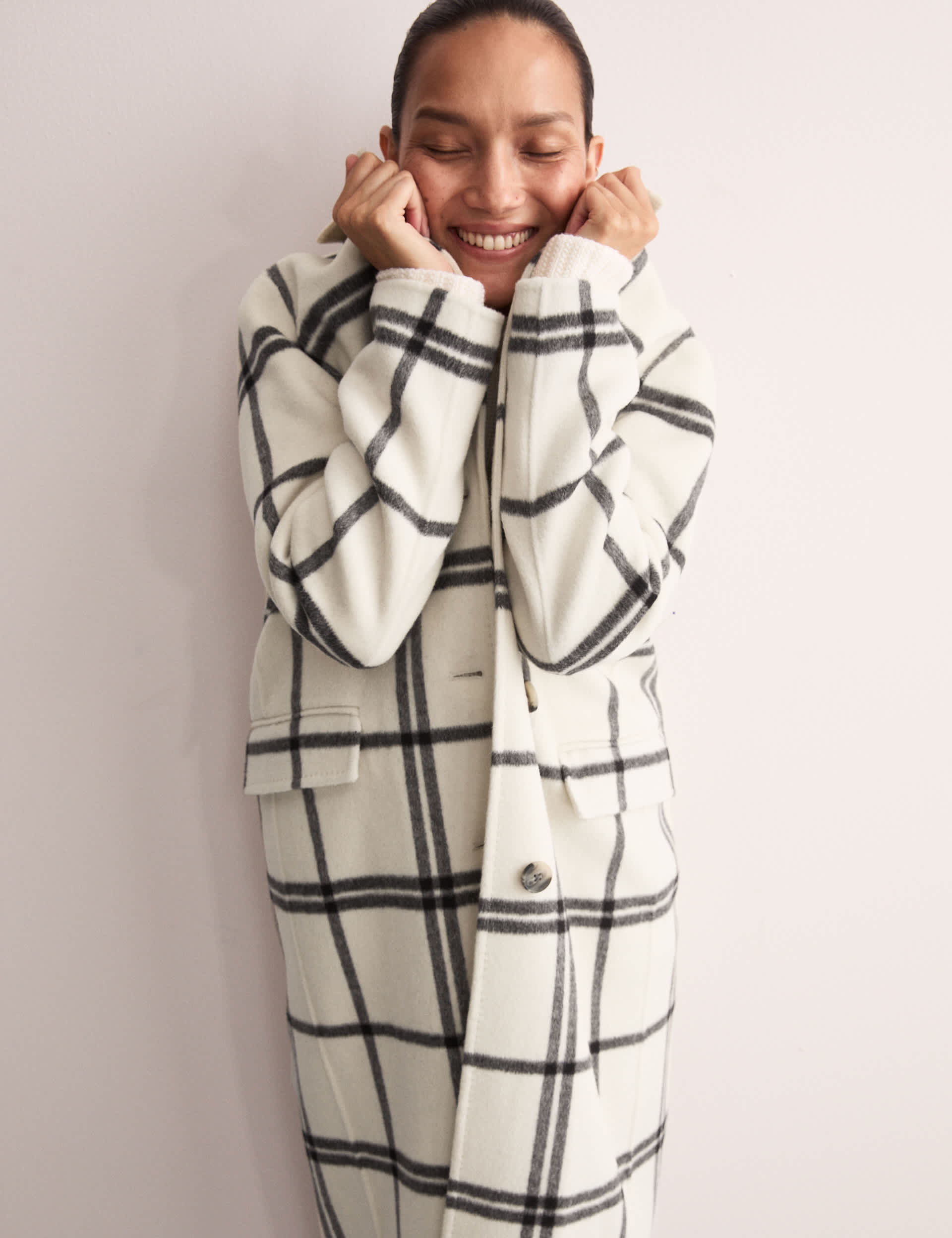 Jaeger Women's Pure Wool Checked Longline Coat - 12 - Ivory Mix, Ivory Mix