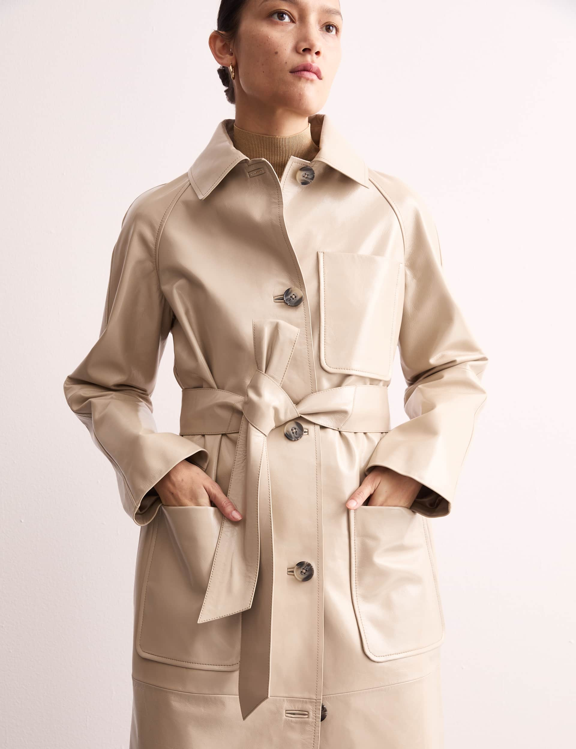 Jaeger Women's Leather Belted Single Breasted Trench Coat - 14 - Ivory, Ivory