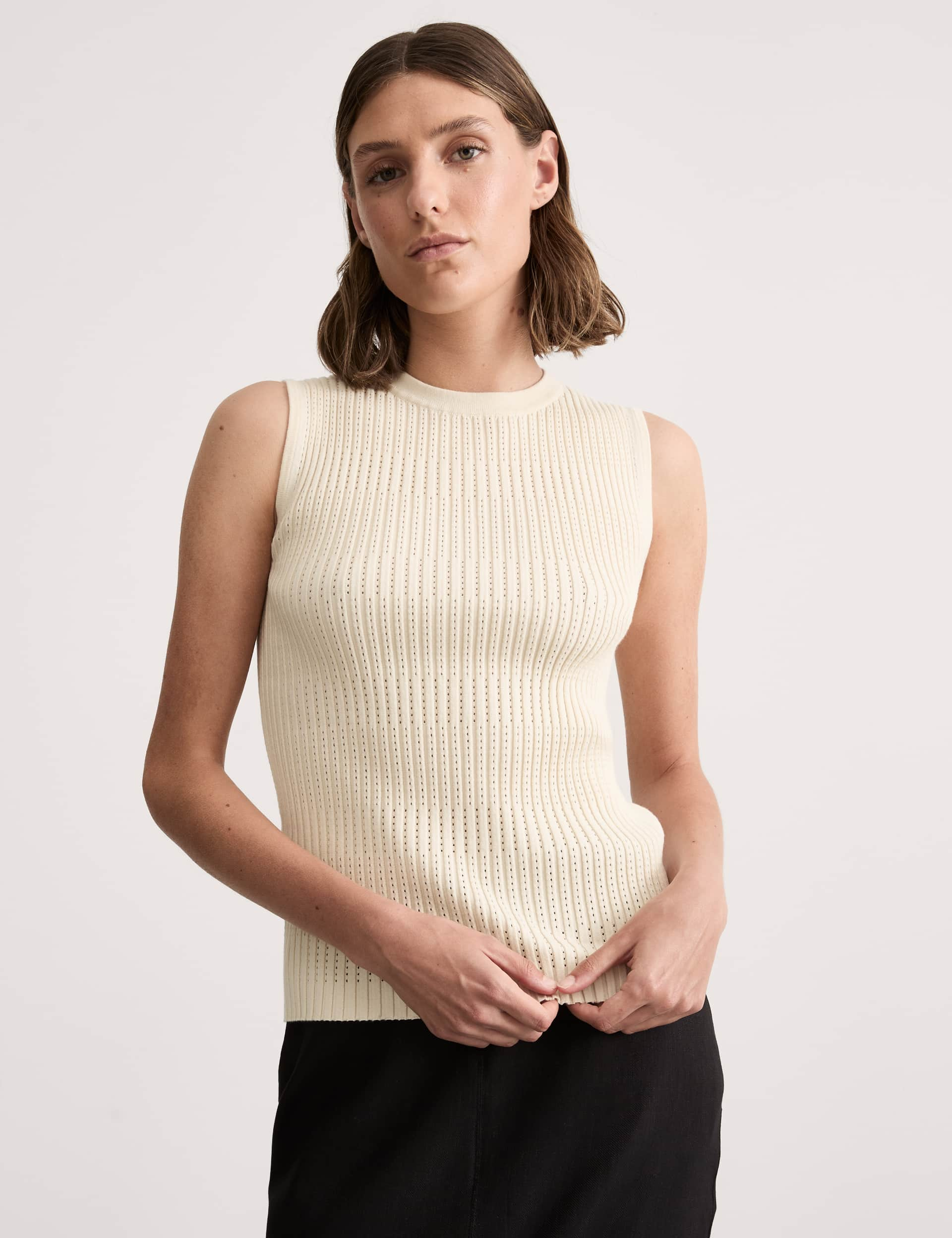 Jaeger Women's Cotton Rich Pointelle High Neck Knitted Vest - Ivory, Ivory