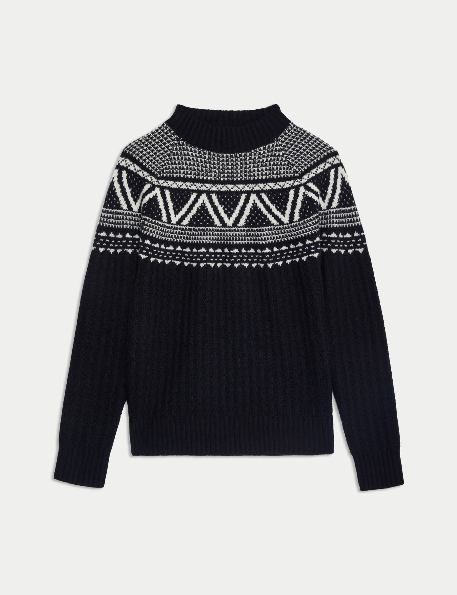 Jaeger Women's Pure Lambswool Fair Isle Funnel Neck Jumper - Black Mix, Black Mix