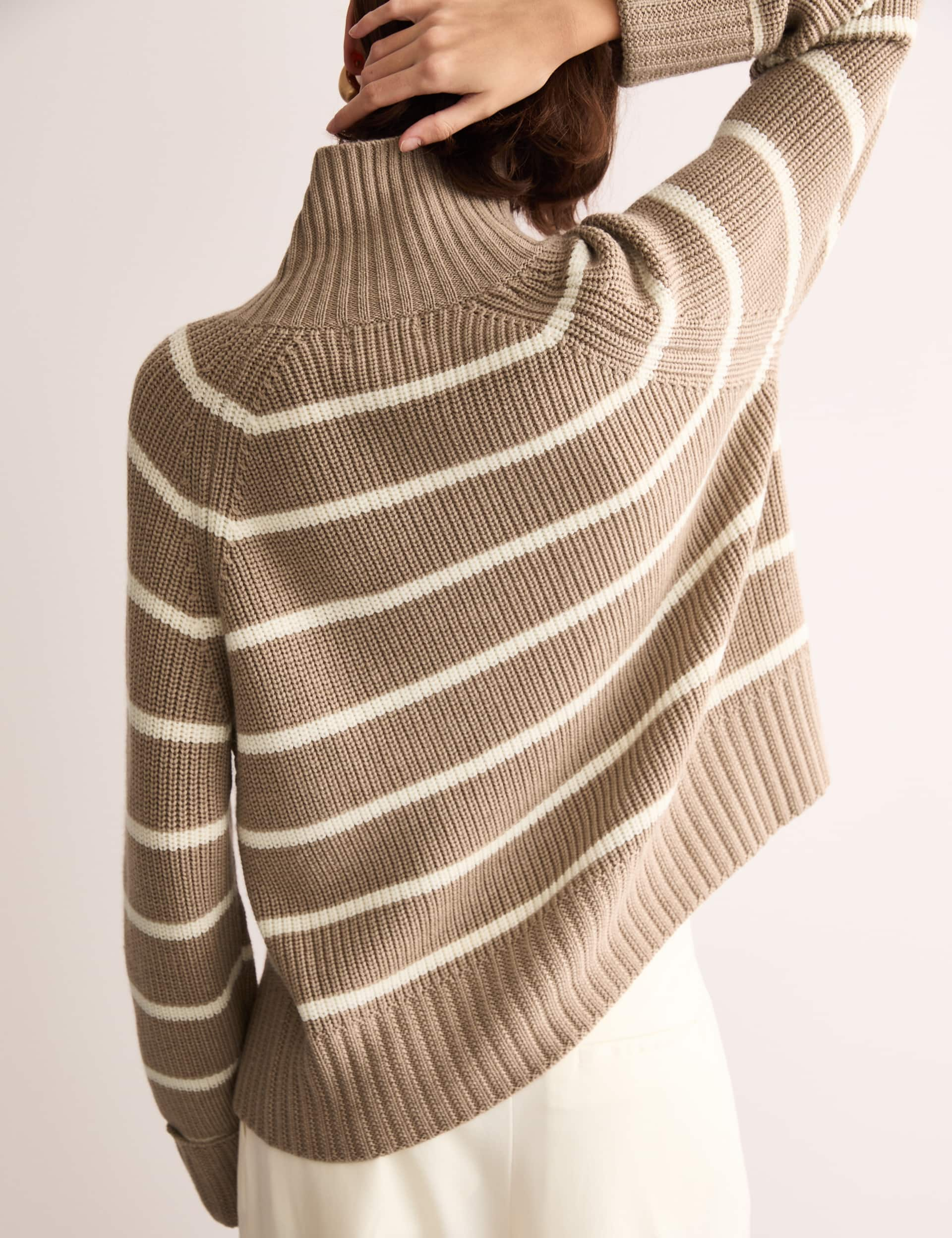 Jaeger Women's Pure Merino Wool Striped High Neck Jumper - Ivory Mix, Ivory Mix