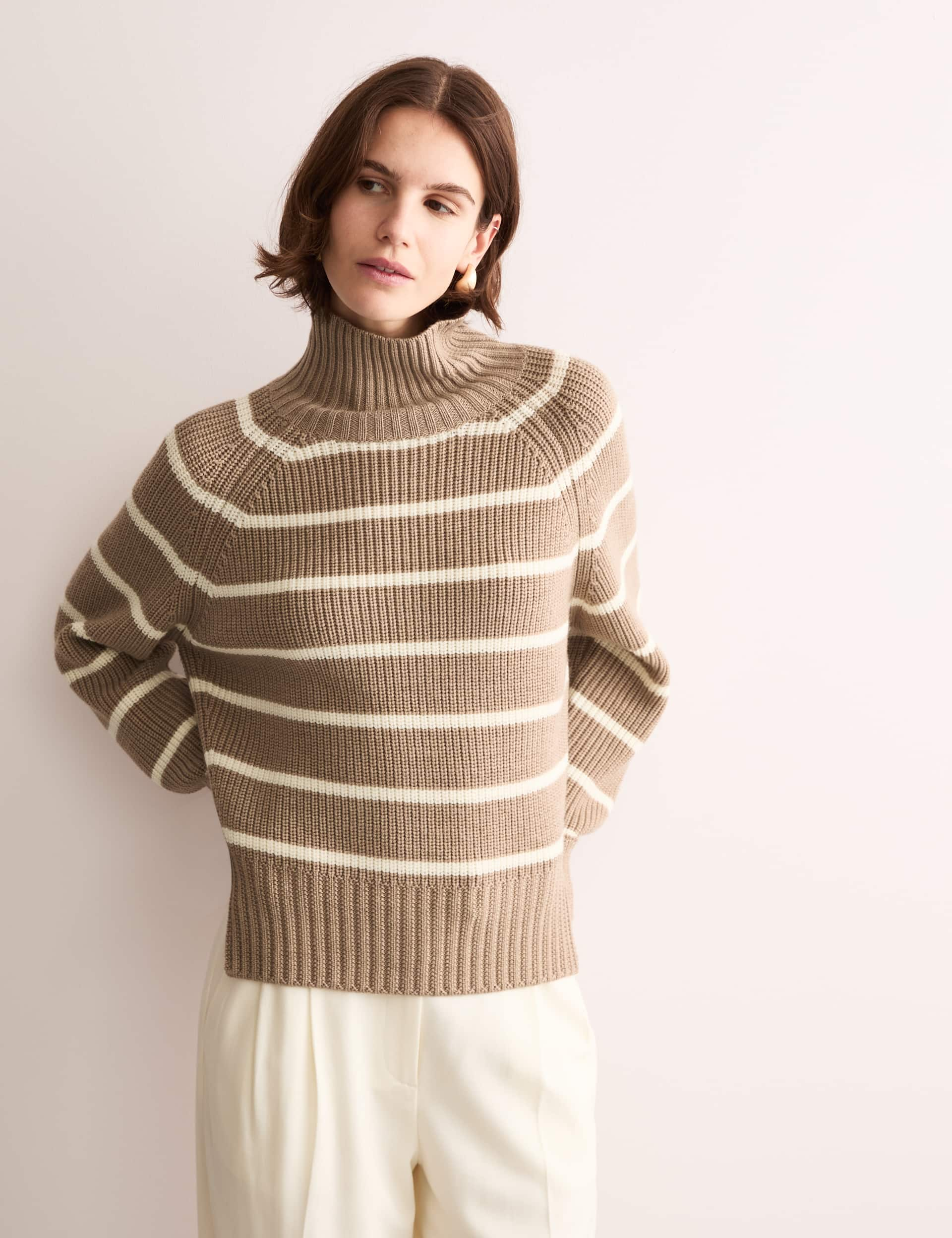 Jaeger Women's Pure Merino Wool Striped High Neck Jumper - Ivory Mix, Ivory Mix