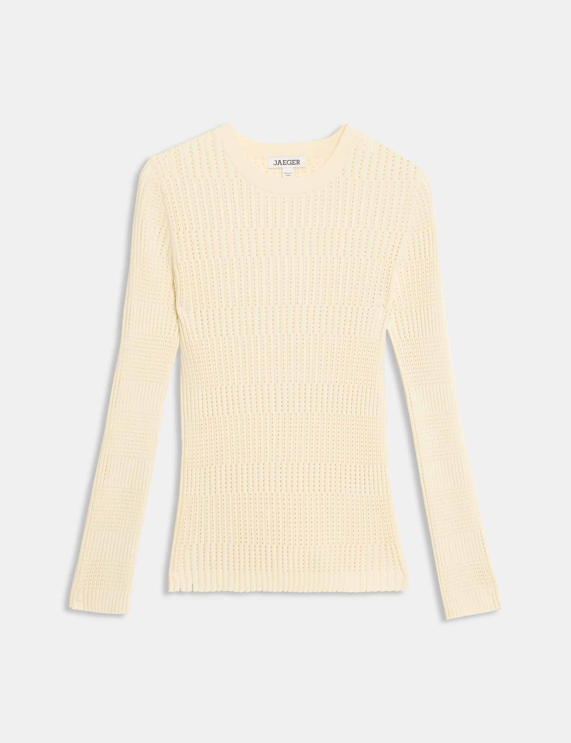 Jaeger Cotton Rich Pointelle Fitted Knitted Top - M - Ivory, Ivory