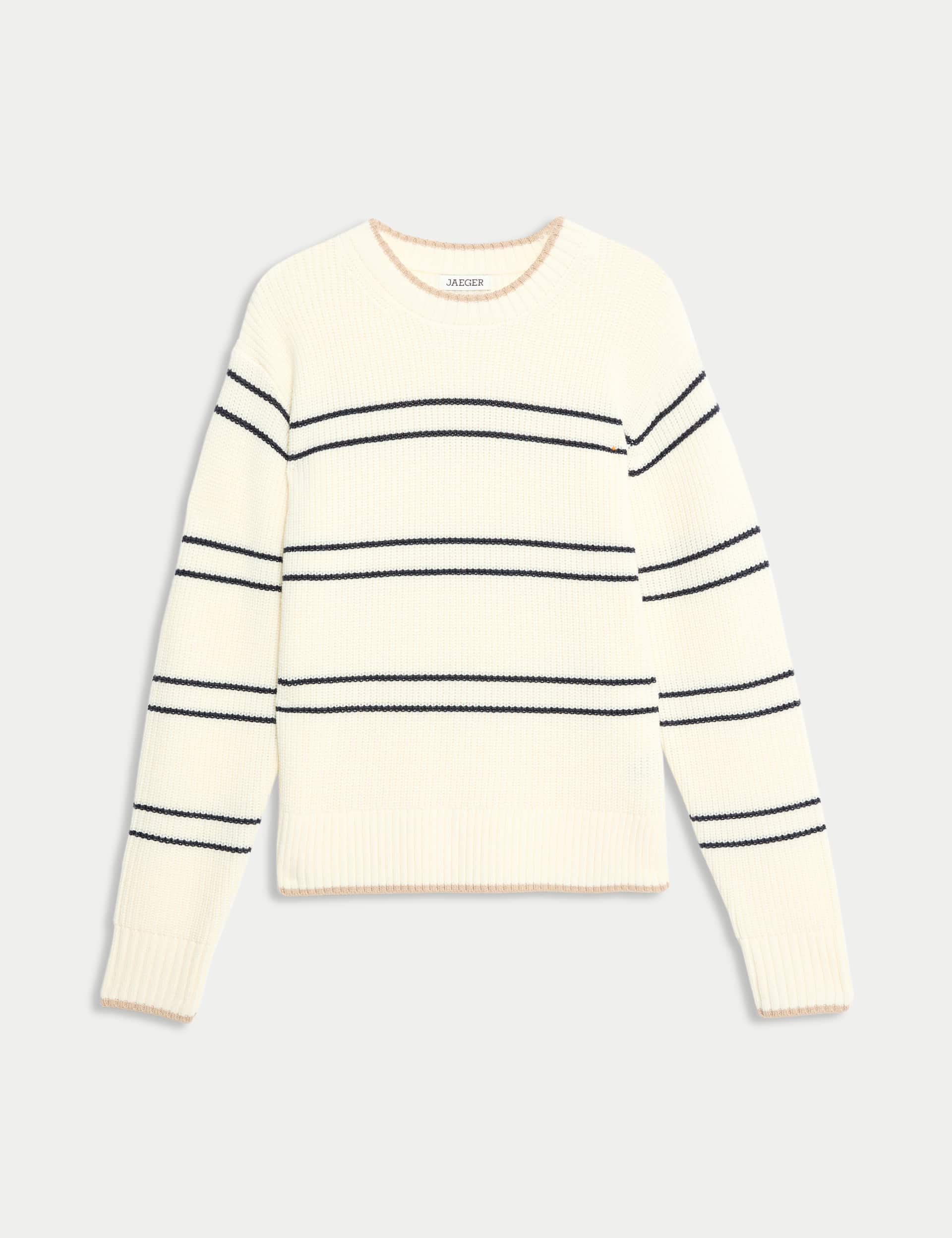 Jaeger Pure Merino Wool Striped Jumper - Ivory Mix, Ivory Mix