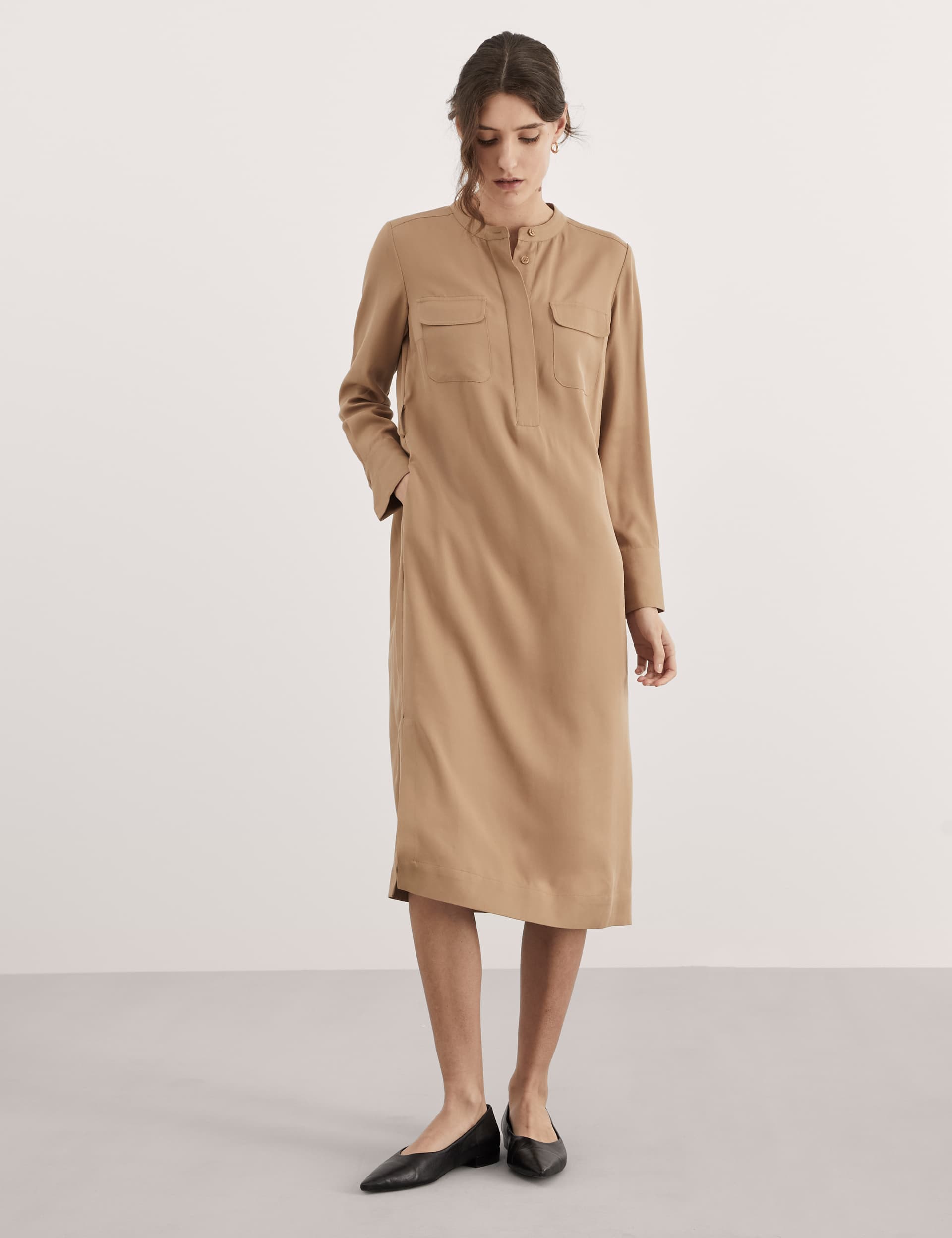 Jaeger Women's Pure Lyocell Belted Midi Utility Dress - 18 - Camel, Camel