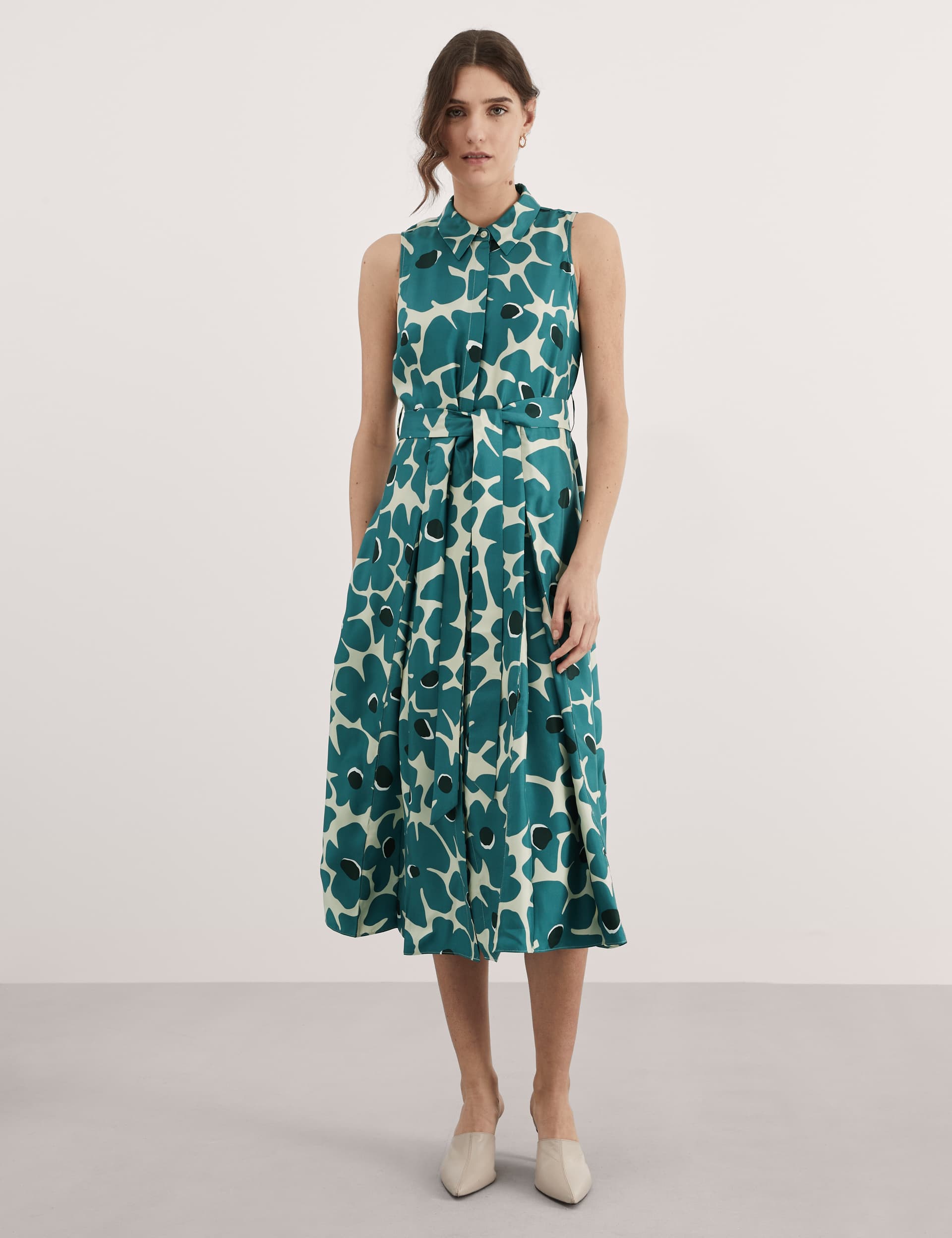 Jaeger Women's Pure Silk Floral Midi Skater Dress - 16 - Teal Mix, Teal Mix