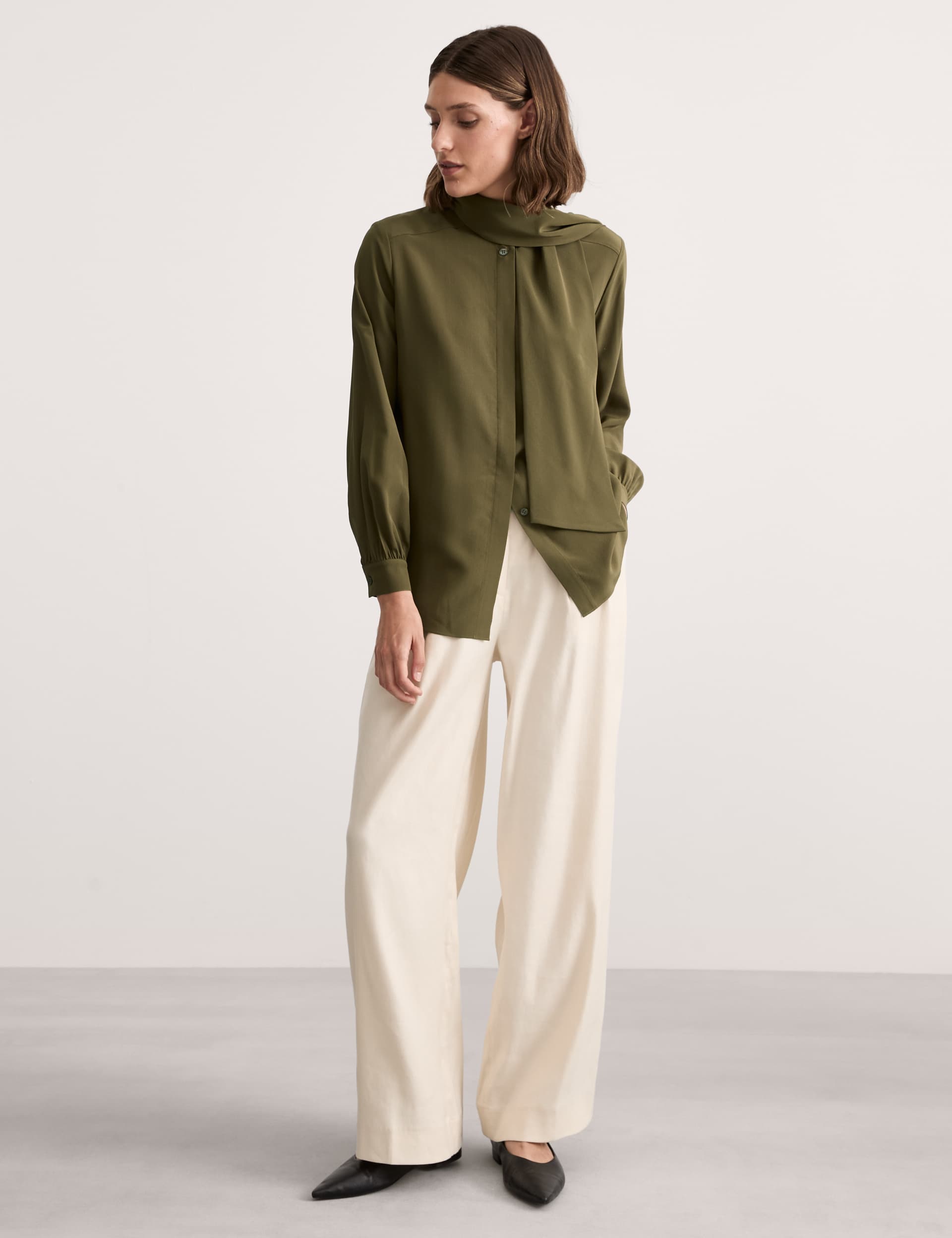 Jaeger Women's Pure Silk Tie Neck Shirt