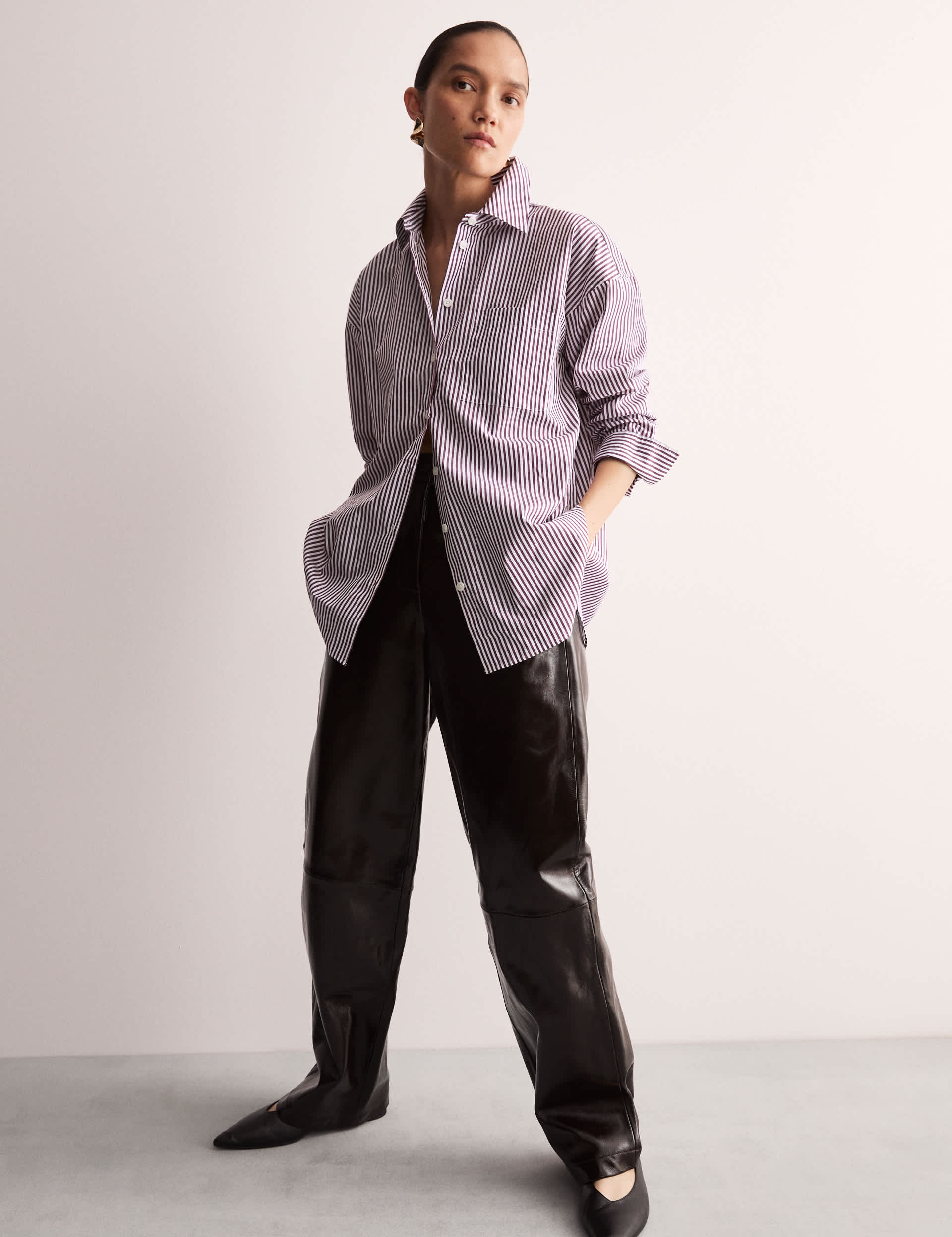 Jaeger Women's Pure Cotton Striped Collared Oversized Shirt