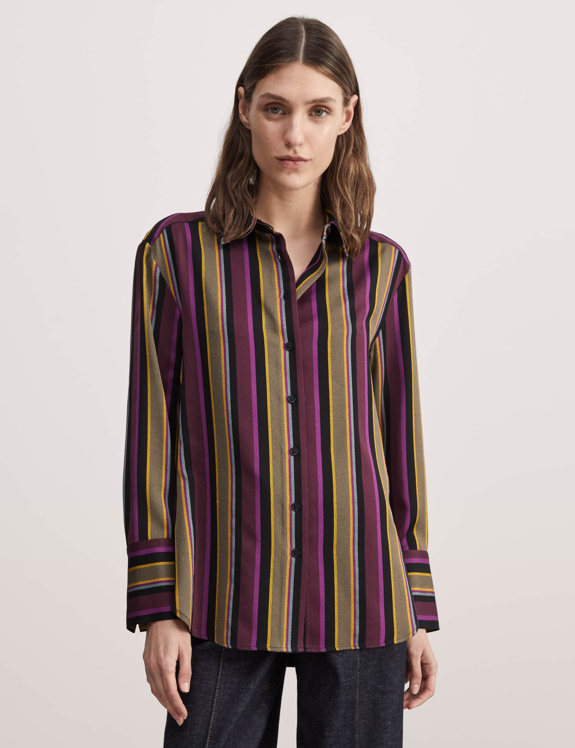 Jaeger Women's Striped Collared Shirt - 12 - Purple Mix, Purple Mix