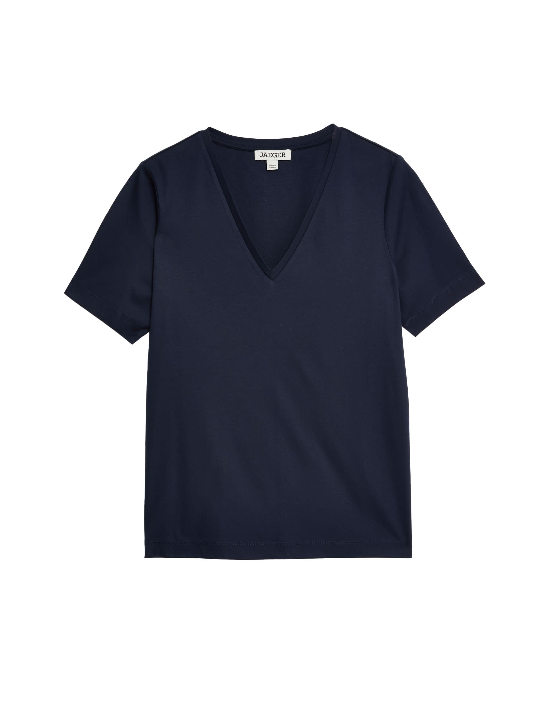 Jaeger Women's Pure Mercerised Cotton V-Neck T-Shirt - 10 - Navy, White,Navy