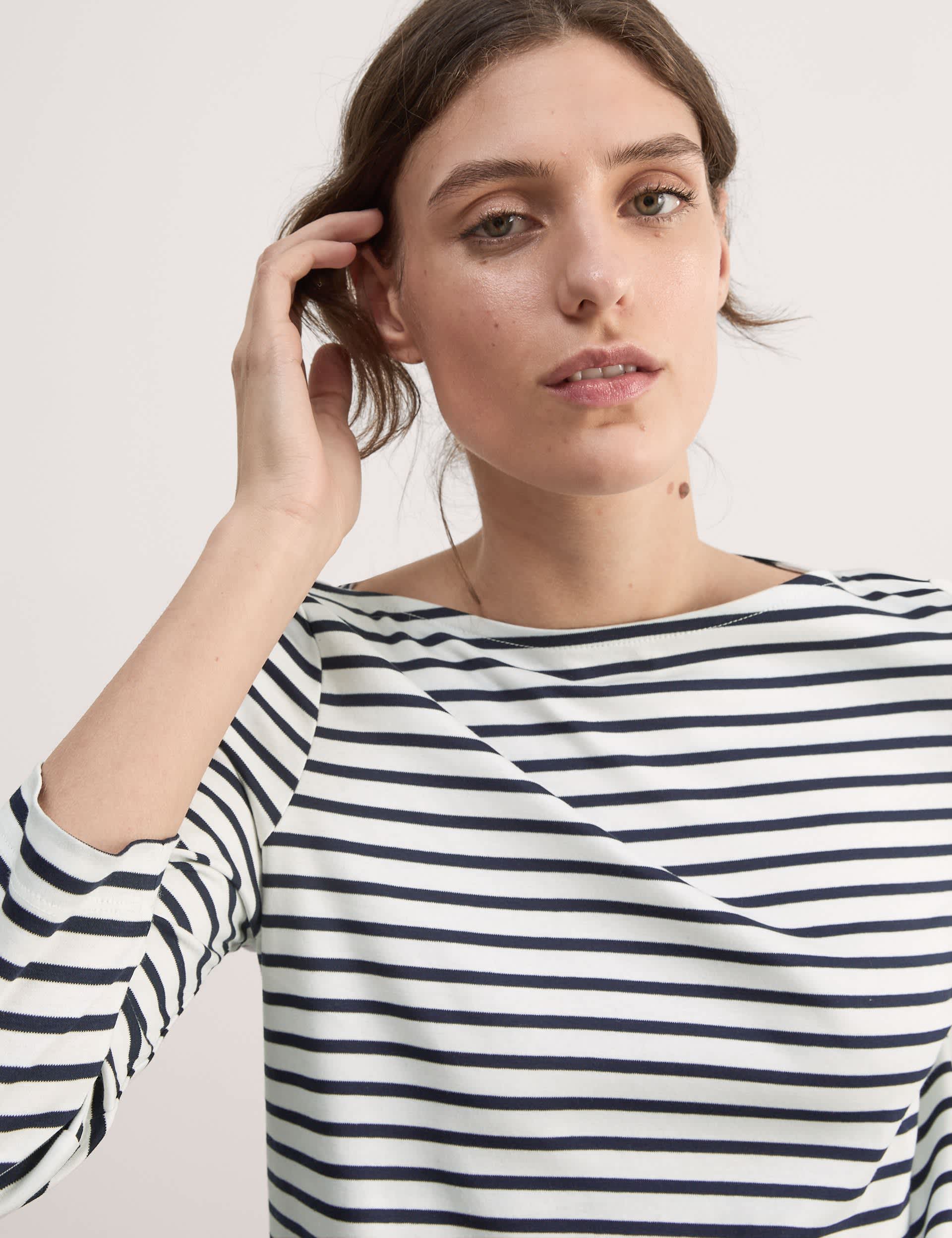 Jaeger Women's Pure Mercerised Cotton Striped Boat Neck Top - 12 - Navy Stripe, Green Mix,Navy Strip