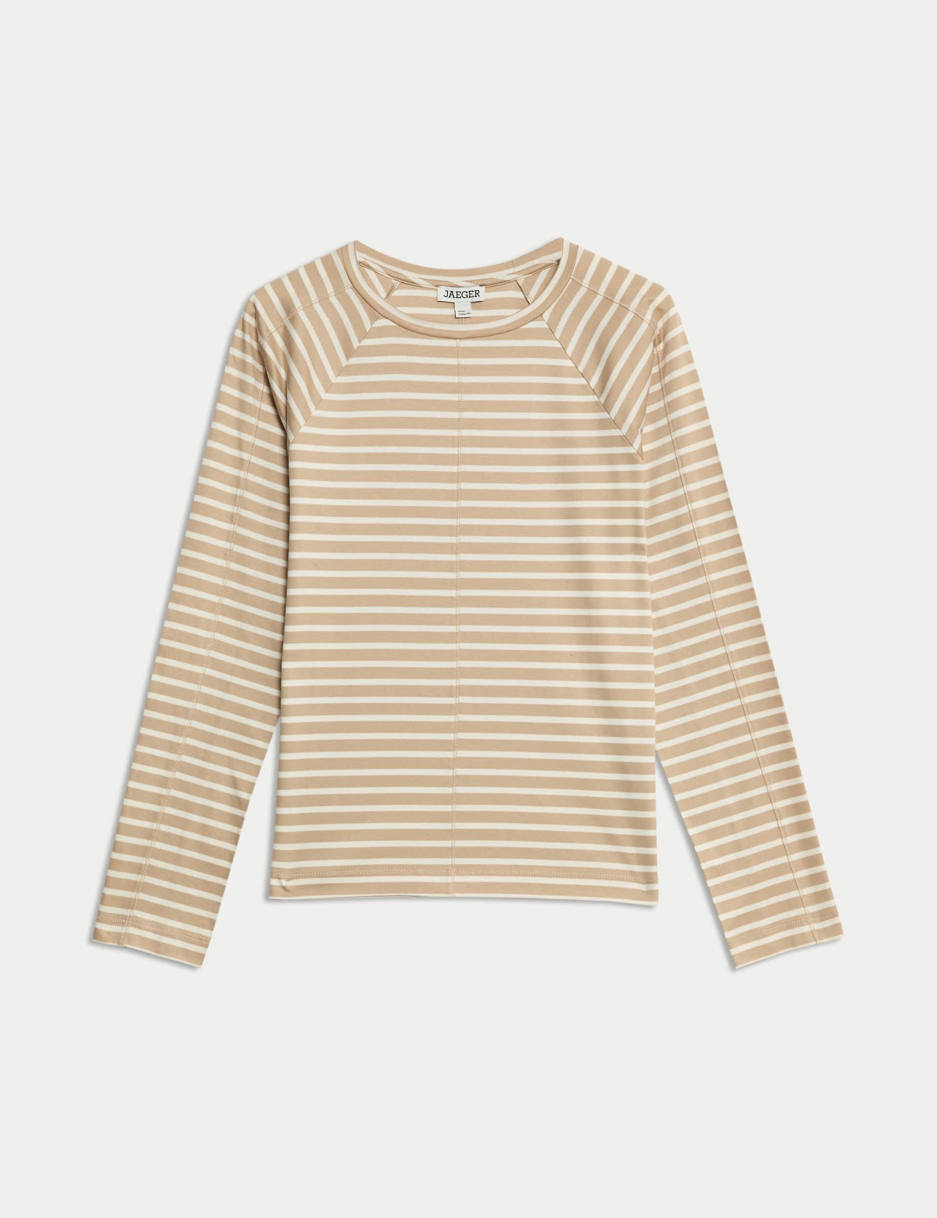 Jaeger Pure Cotton Striped Top - 10 - Camel Mix, Camel Mix