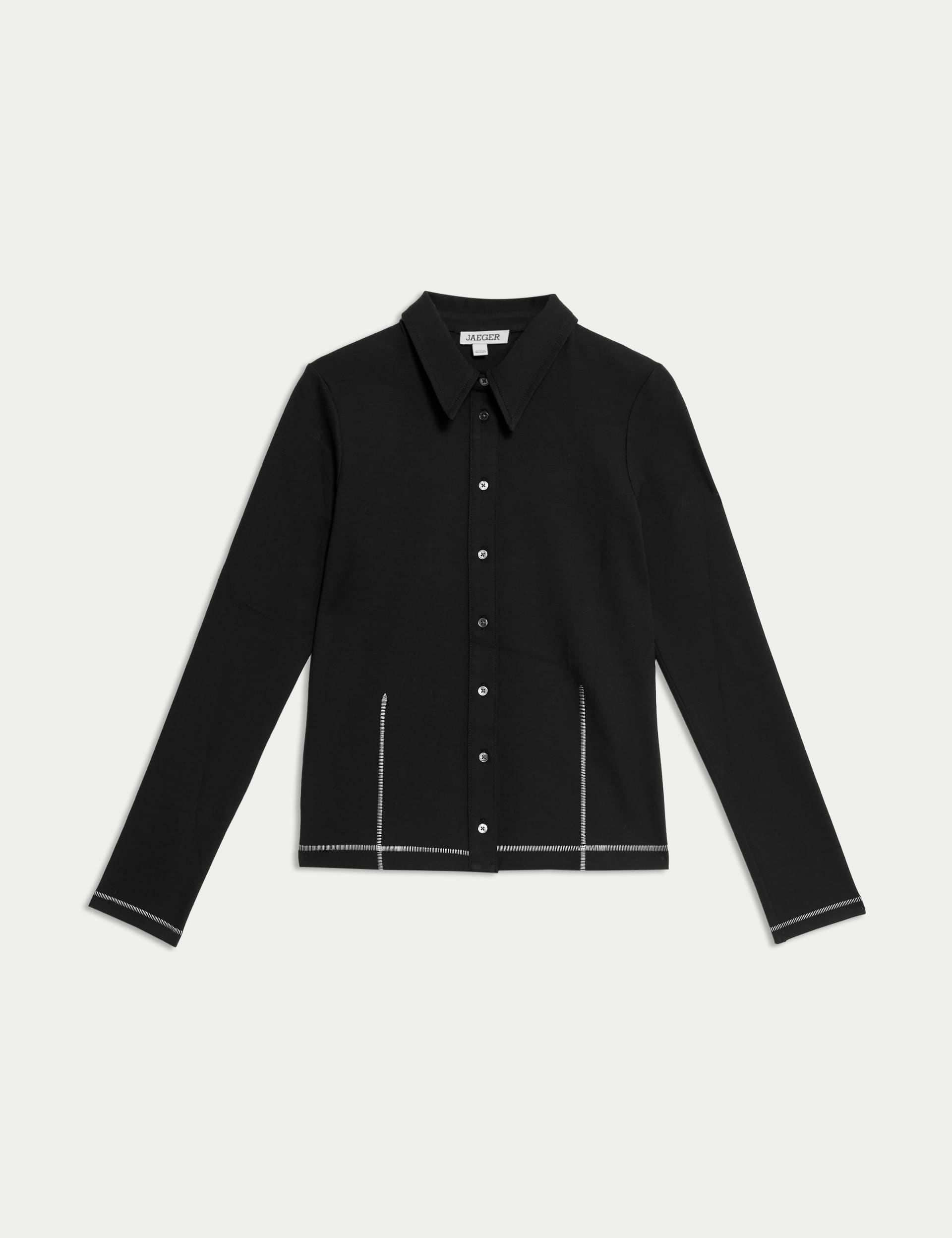 Jaeger Jersey Collared Stitch Detail Shirt - 10 - Black, Ivory,Black