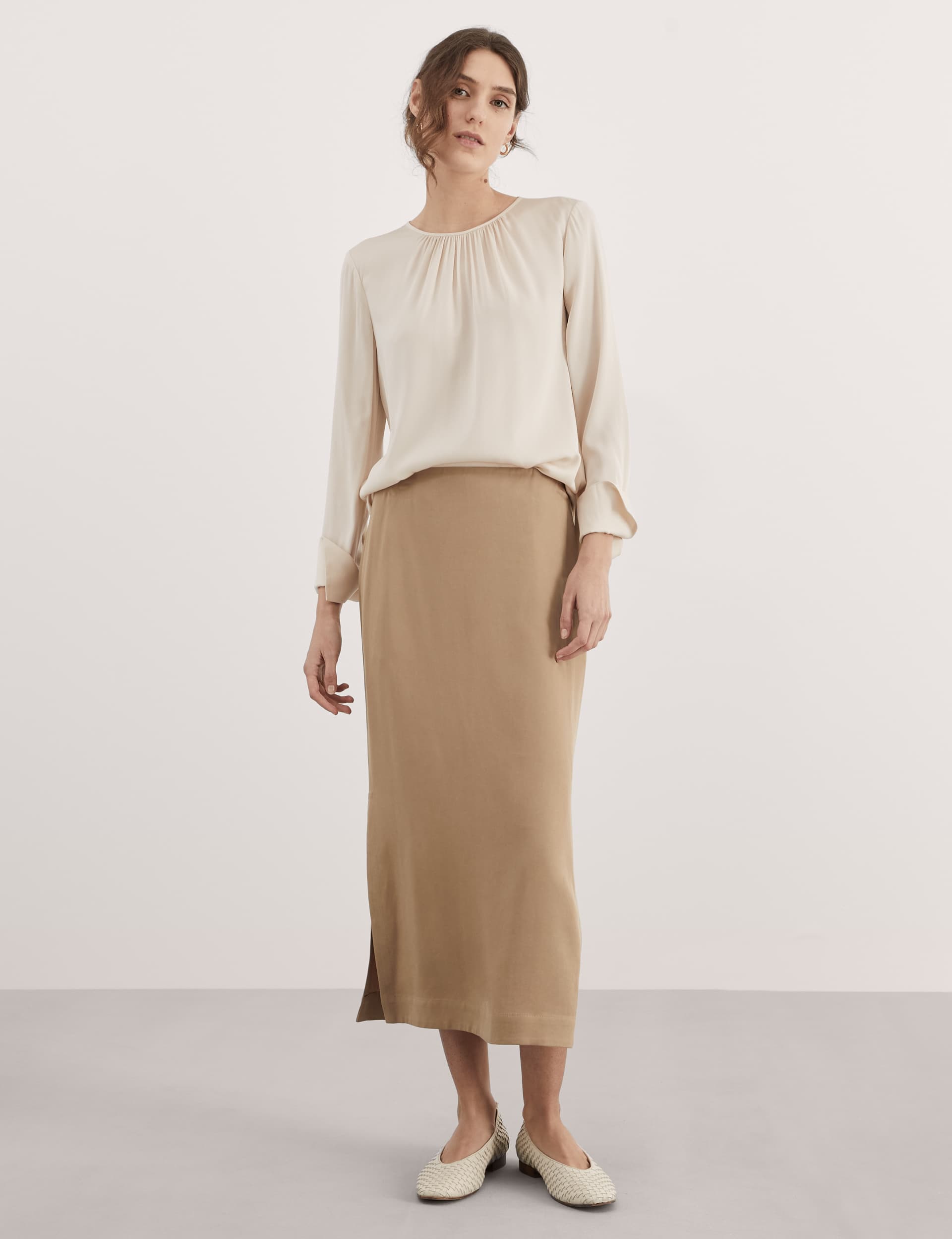 Jaeger Women's Pure Lyocell Midi Column Skirt - 16 - Camel, Camel