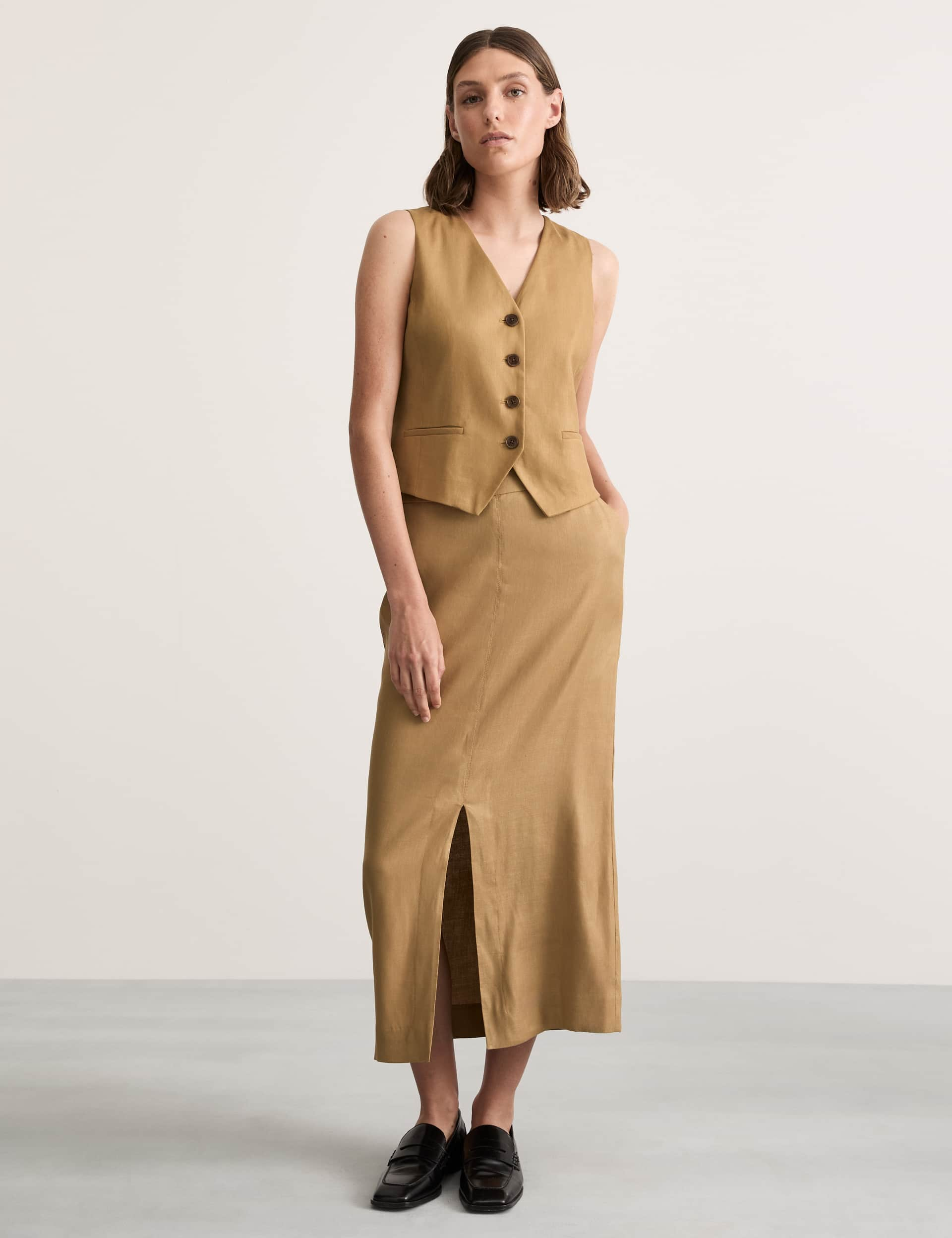 Jaeger Women's Linen Blend Midi Column Skirt - 16 - Camel, Camel,Black